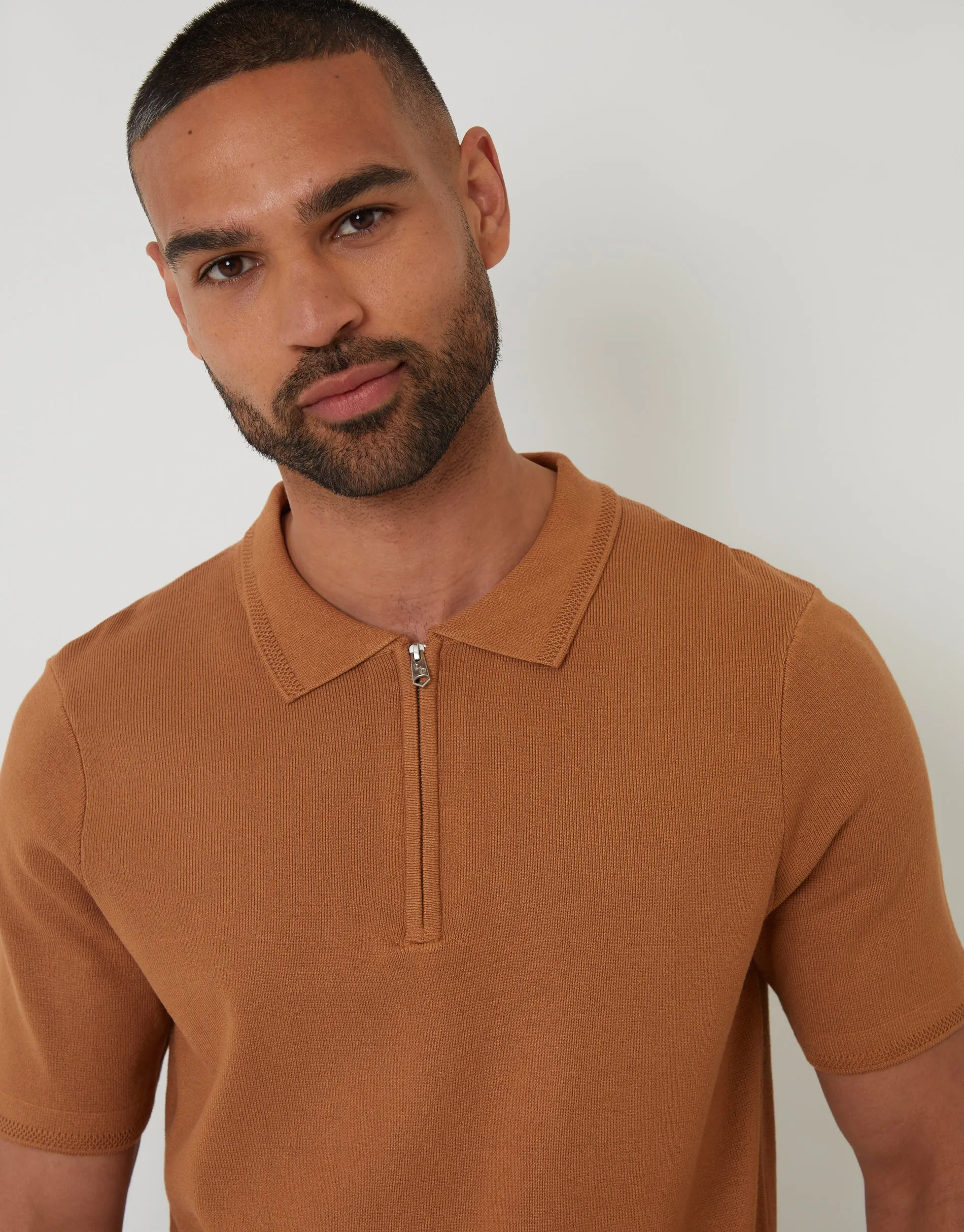 Brown Quarter Zip Textured Trim Knitted Polo sold by Threadbare product image thumbnail 4