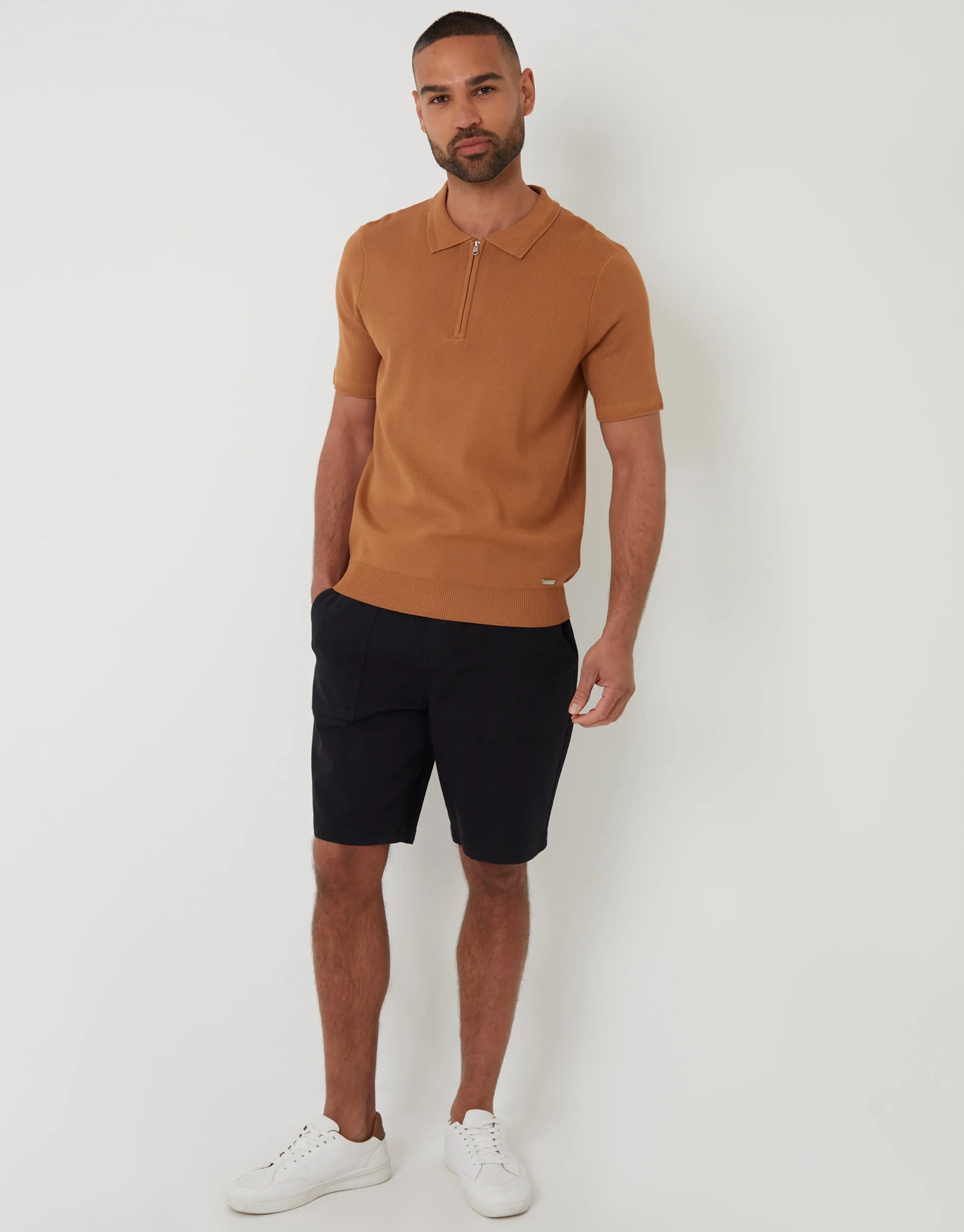 Brown Quarter Zip Textured Trim Knitted Polo sold by Threadbare product image thumbnail 3
