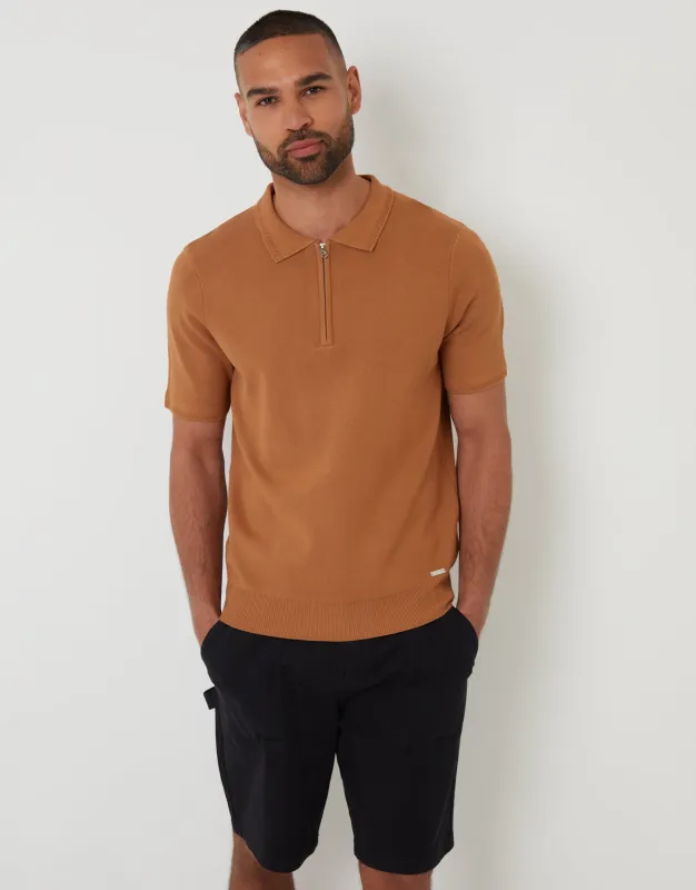 Brown Quarter Zip Textured Trim Knitted Polo sold by Threadbare