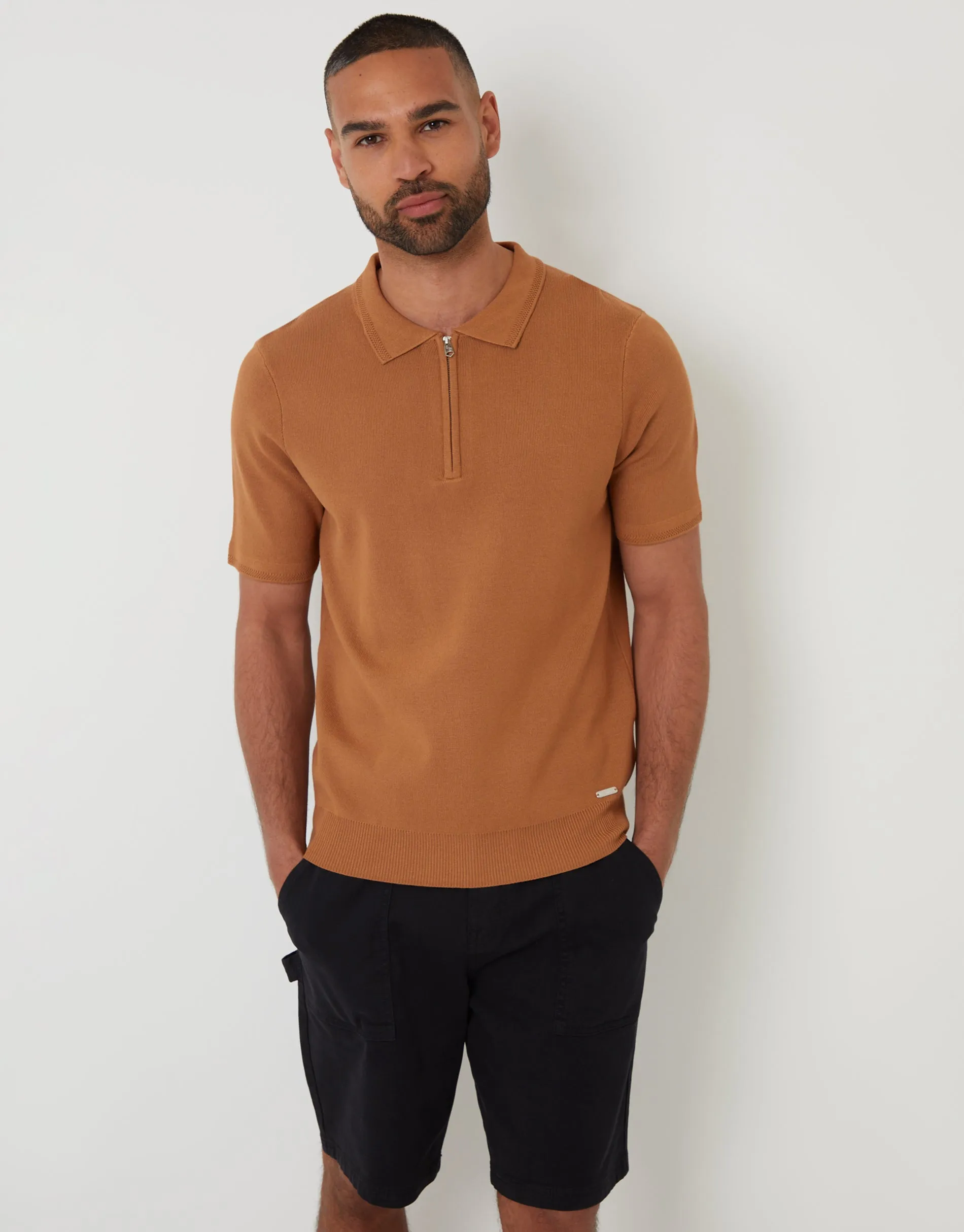 Brown Quarter Zip Textured Trim Knitted Polo sold by Threadbare
