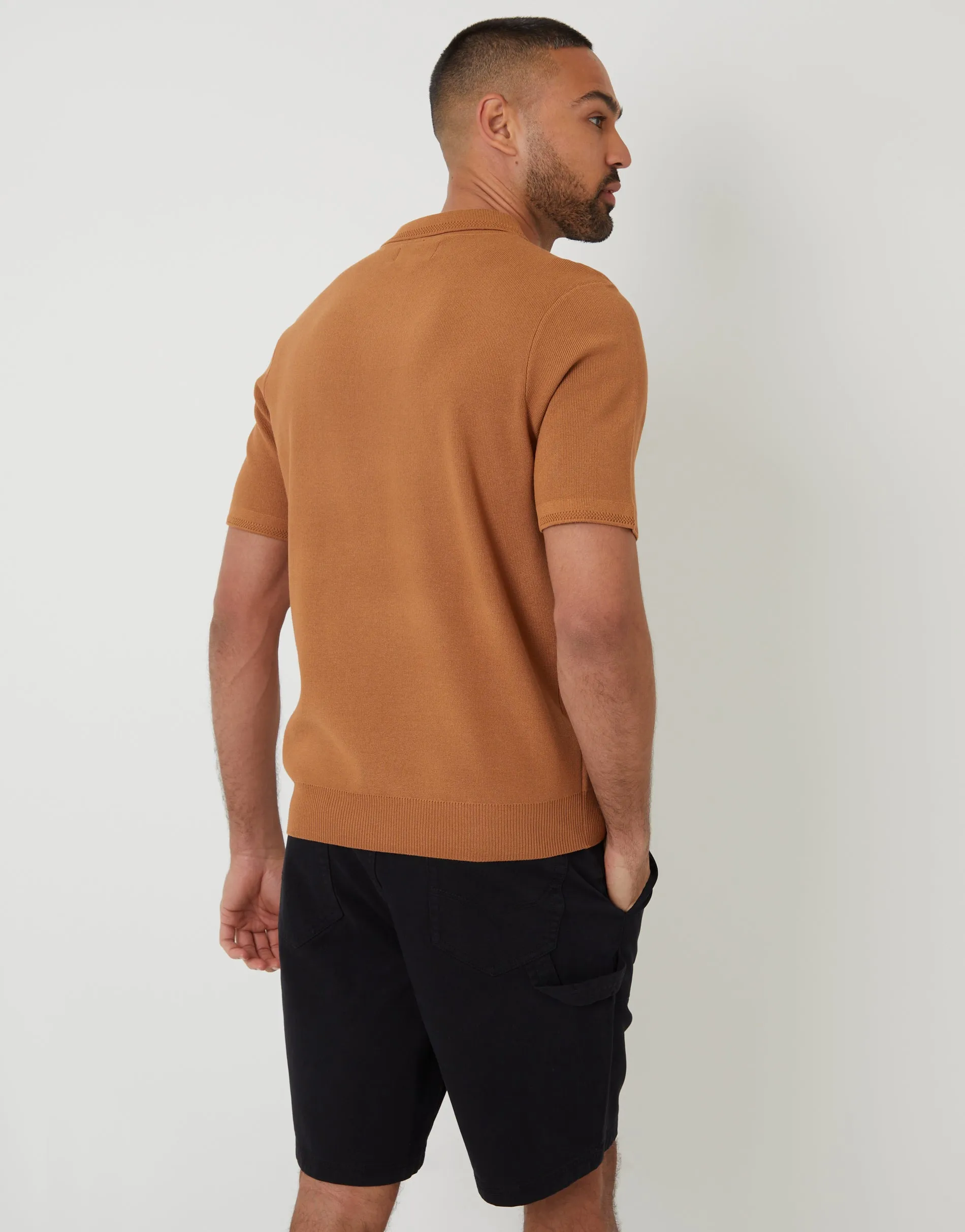 Brown Quarter Zip Textured Trim Knitted Polo sold by Threadbare product image thumbnail 2