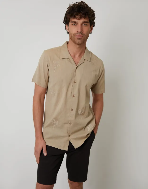 Stone Linen Blend Palm Embroidered Short Sleeve Shirt sold by Threadbare