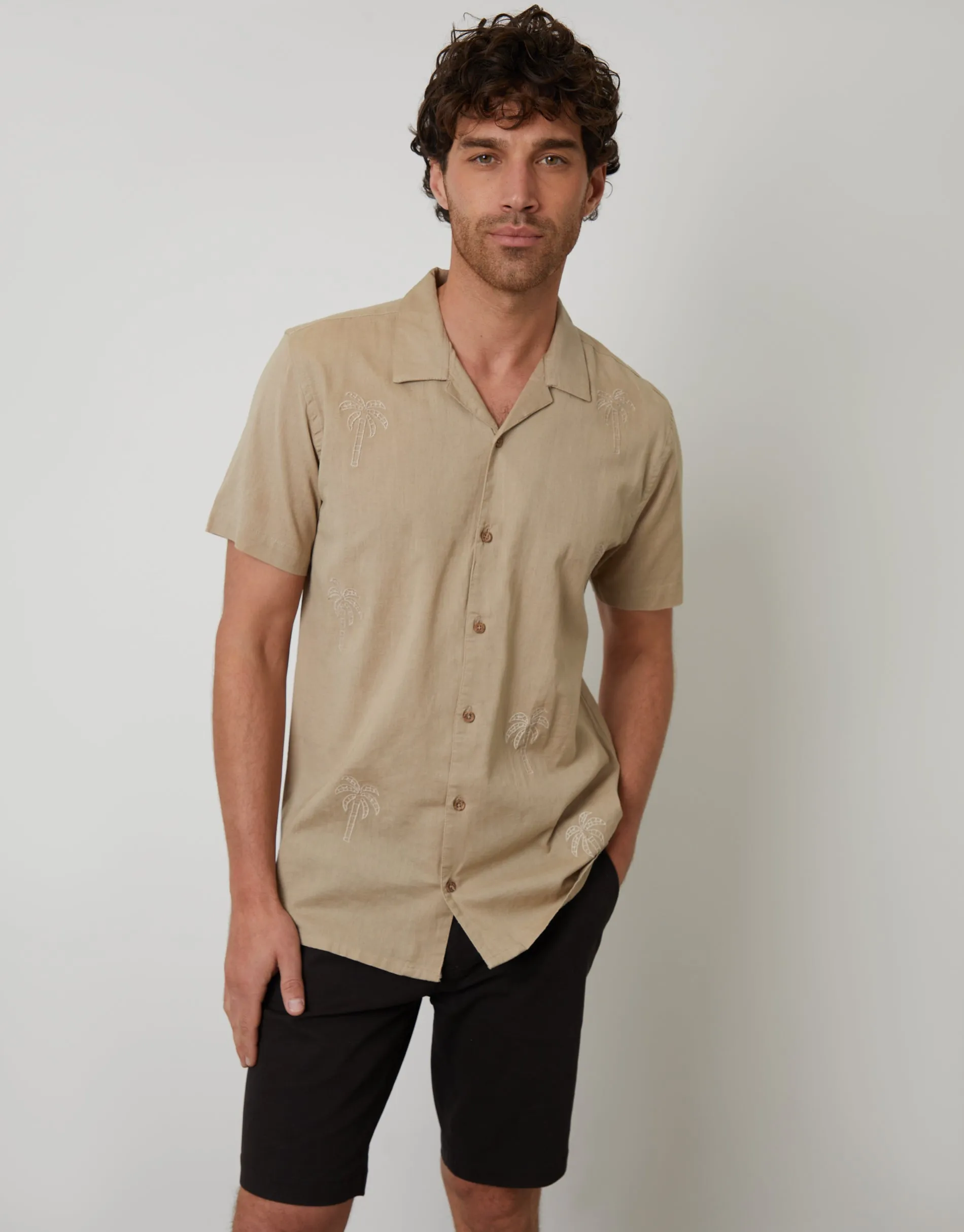 Stone Linen Blend Palm Embroidered Short Sleeve Shirt sold by Threadbare