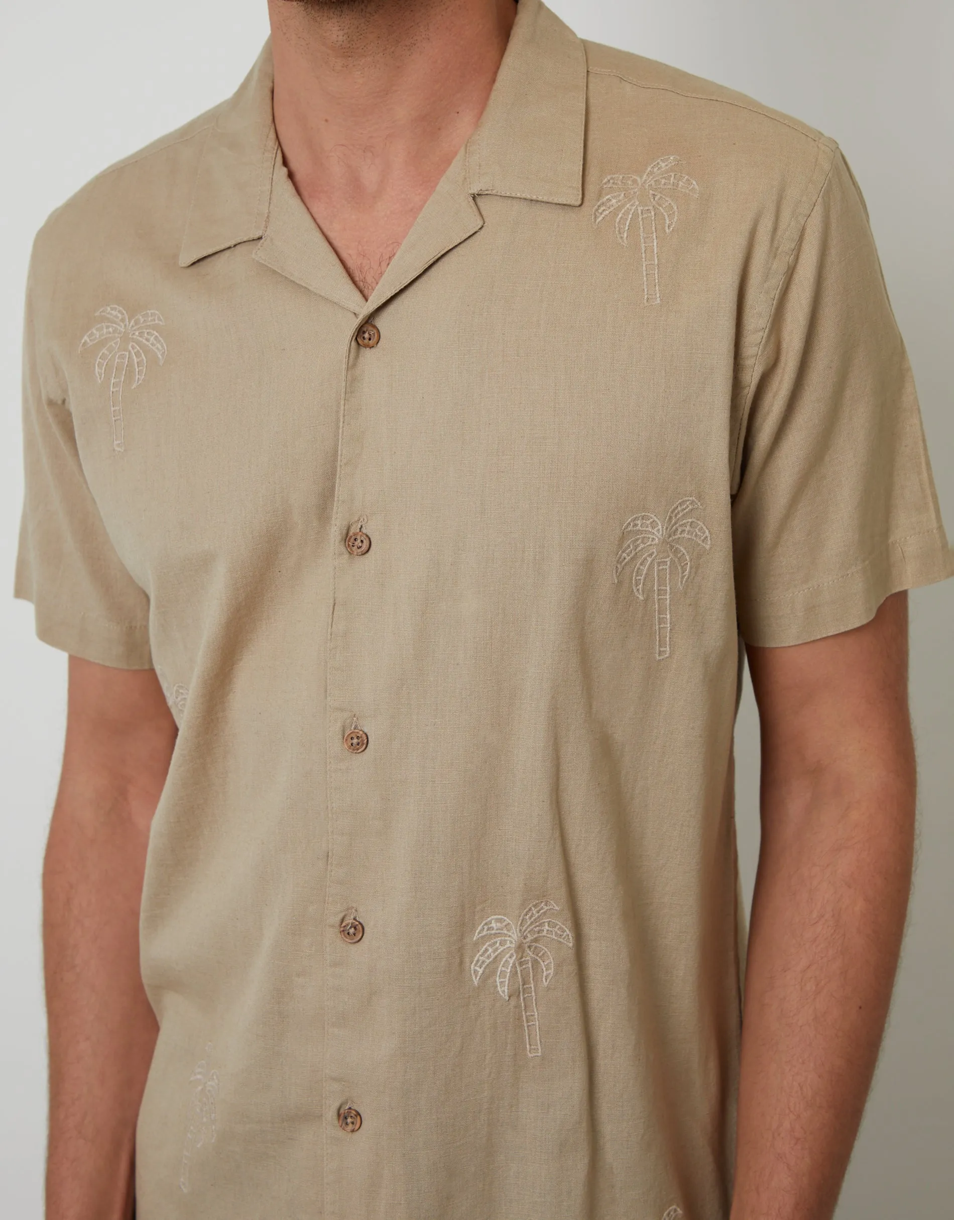 Stone Linen Blend Palm Embroidered Short Sleeve Shirt sold by Threadbare product image thumbnail 4