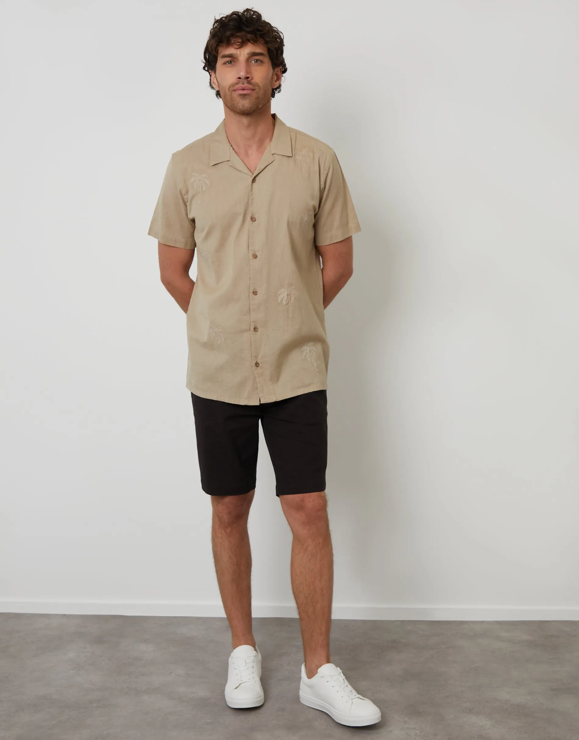 Stone Linen Blend Palm Embroidered Short Sleeve Shirt sold by Threadbare product image thumbnail 3