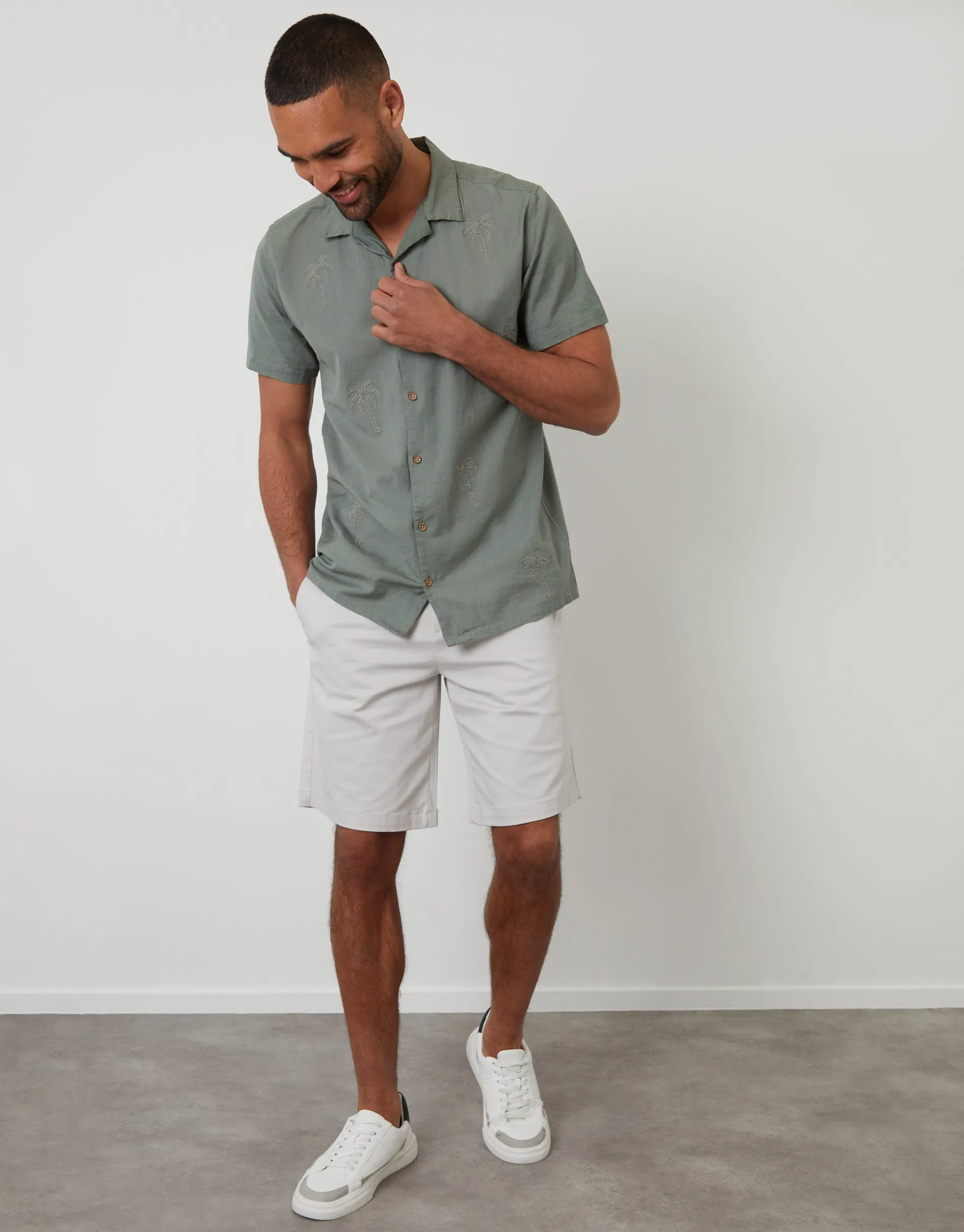 Sage Green Linen Blend Palm Embroidered Short Sleeve Shirt sold by Threadbare product image thumbnail 3