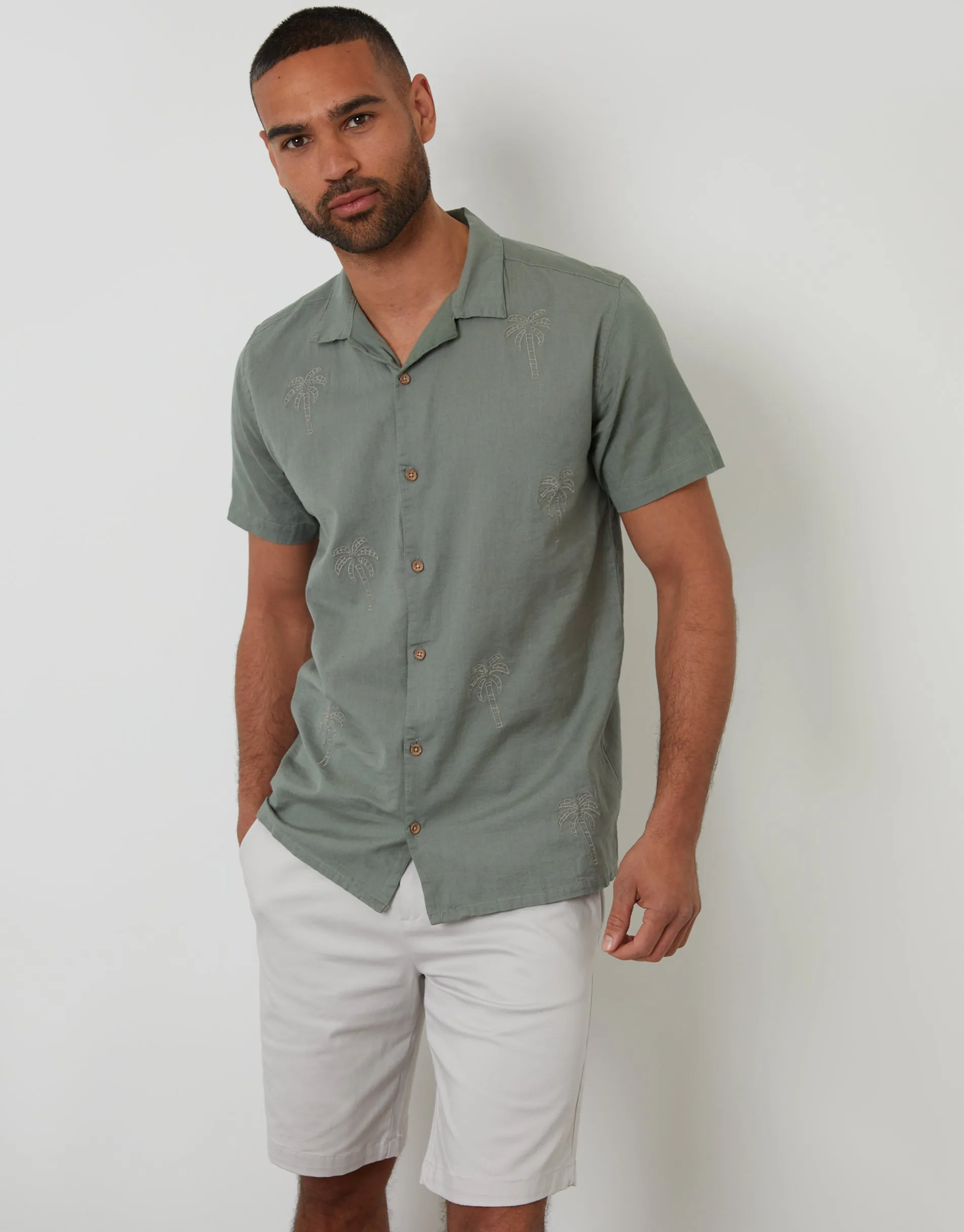 Sage Green Linen Blend Palm Embroidered Short Sleeve Shirt sold by Threadbare