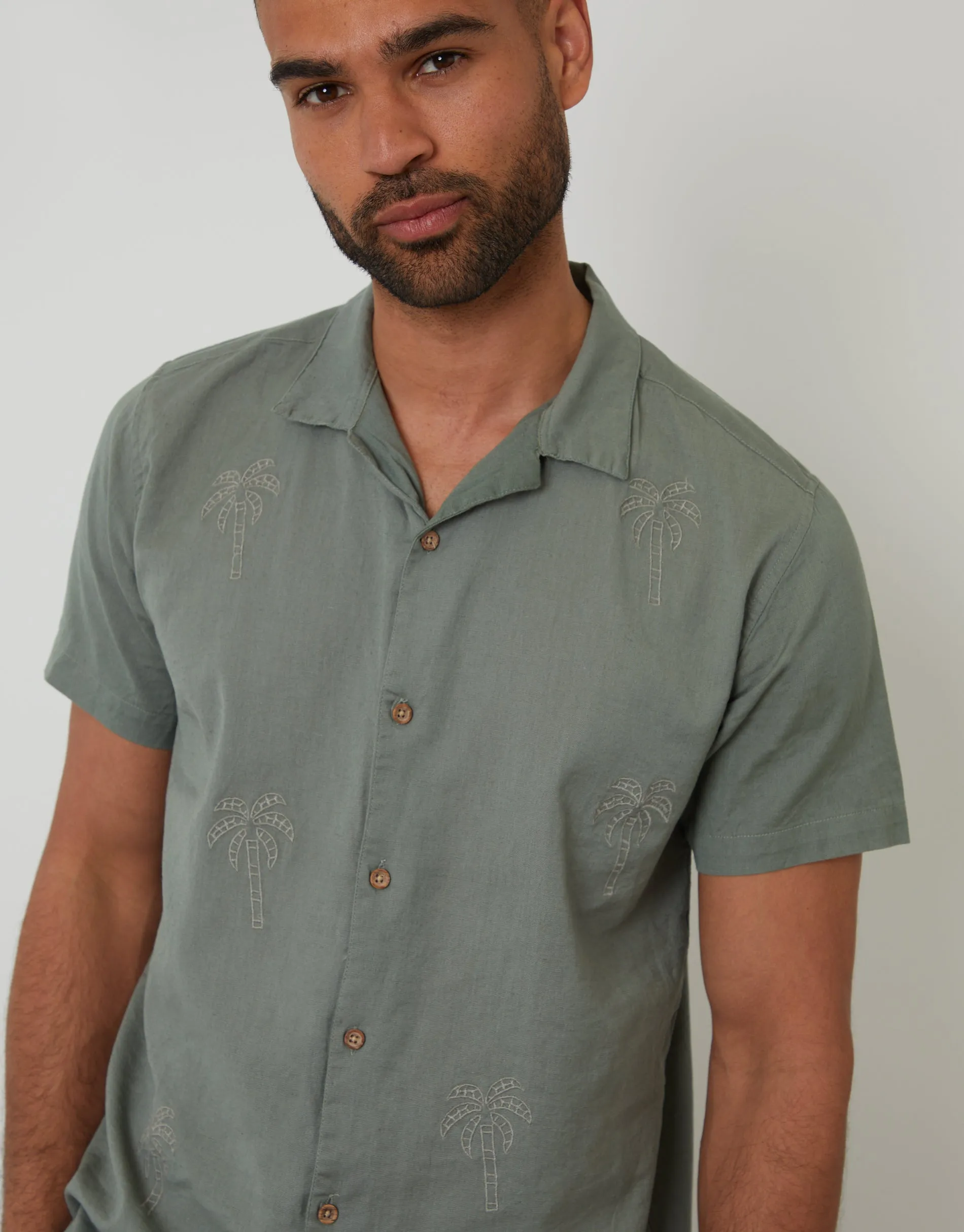 Sage Green Linen Blend Palm Embroidered Short Sleeve Shirt sold by Threadbare product image thumbnail 4
