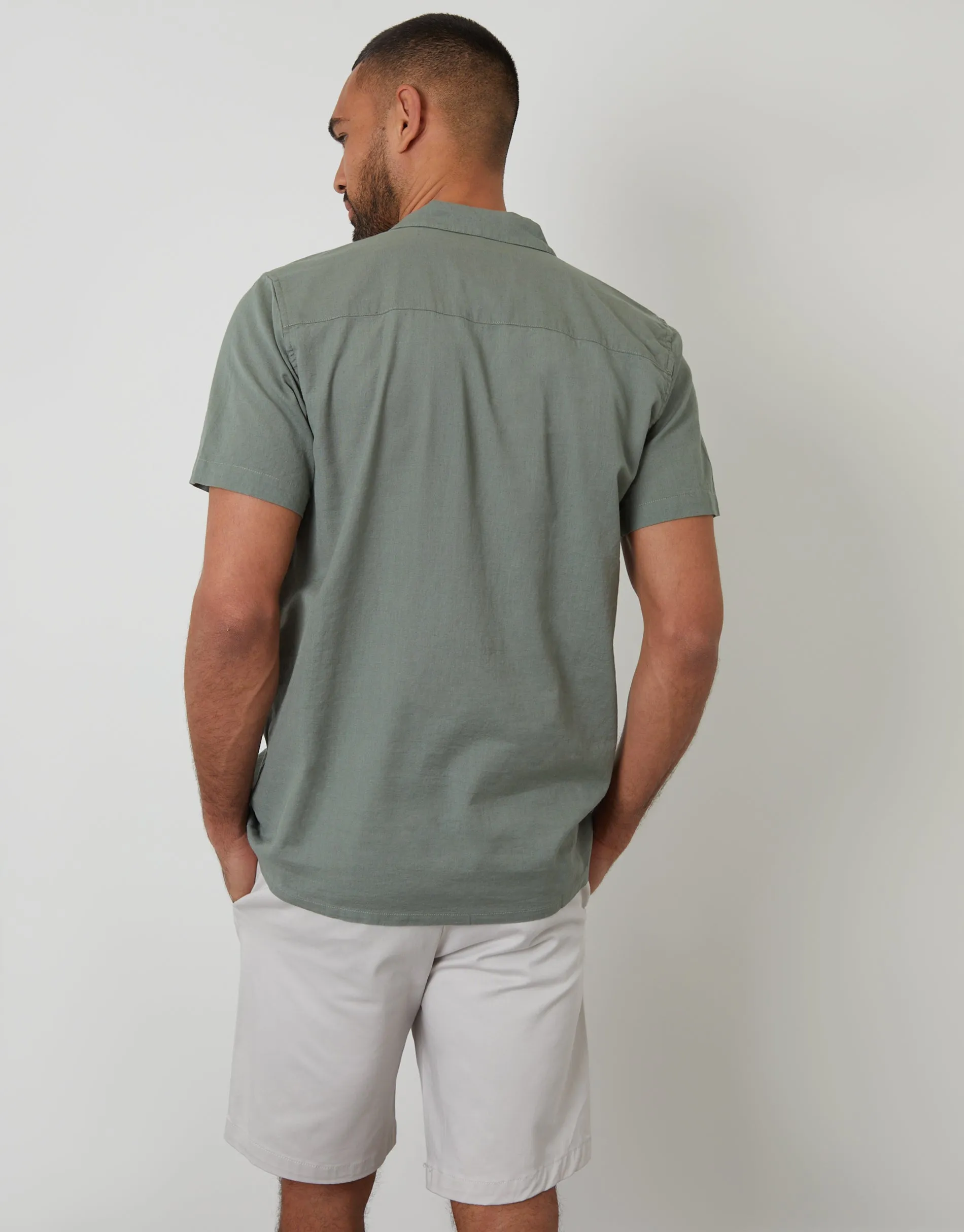 Sage Green Linen Blend Palm Embroidered Short Sleeve Shirt sold by Threadbare product image thumbnail 2