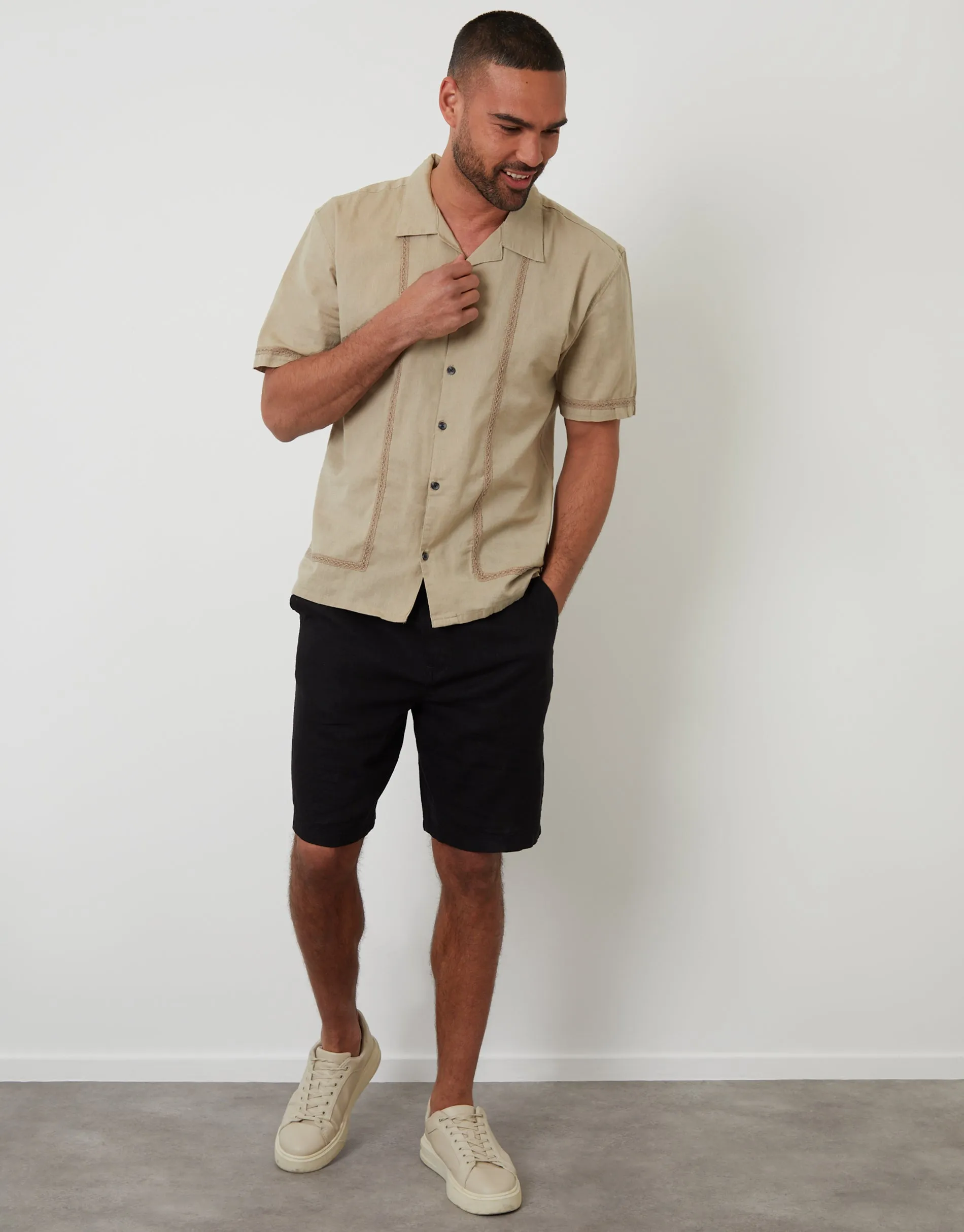 Stone Linen Blend Lace Trim Relaxed Fit Shirt sold by Threadbare product image thumbnail 3