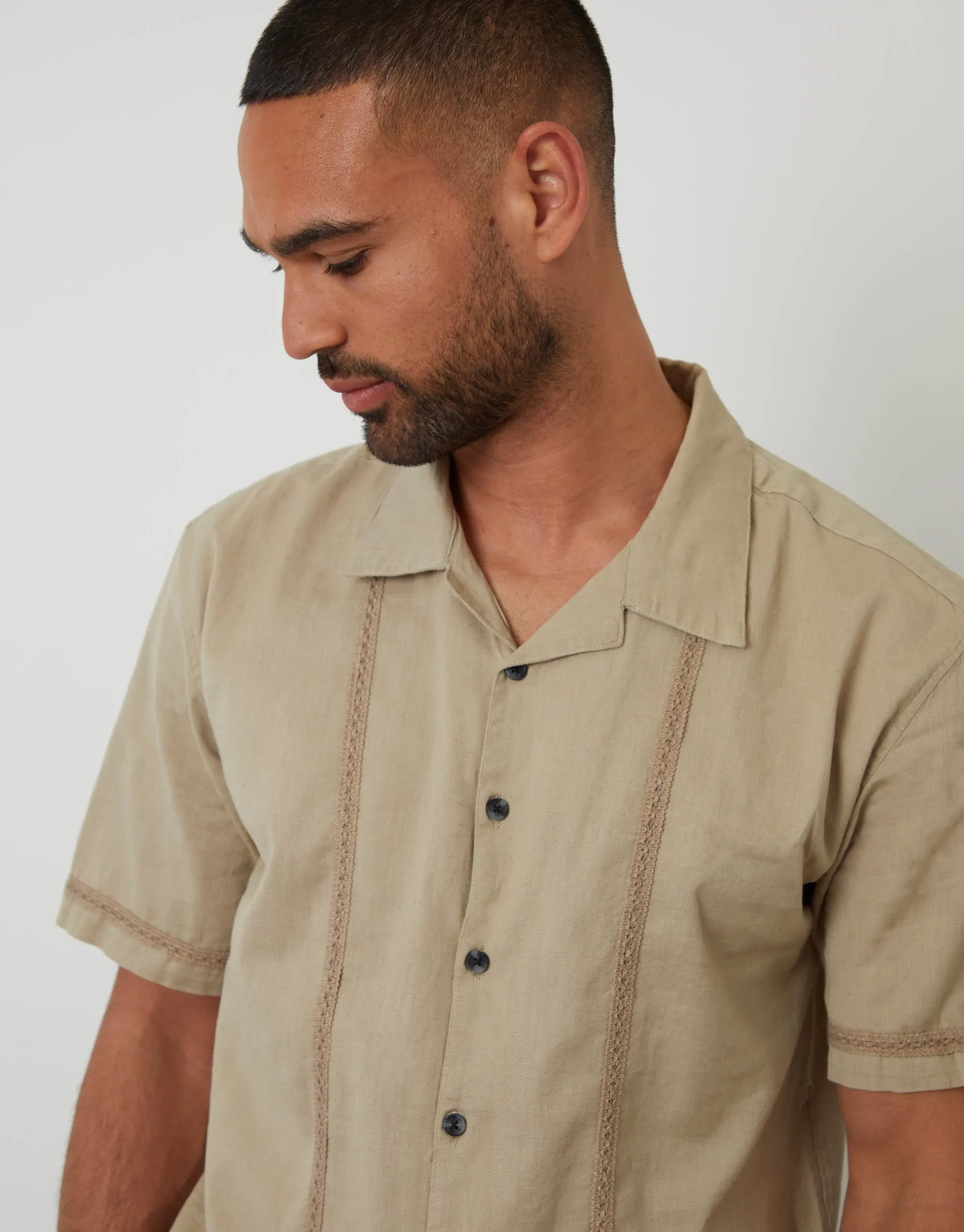 Stone Linen Blend Lace Trim Relaxed Fit Shirt sold by Threadbare product image thumbnail 4