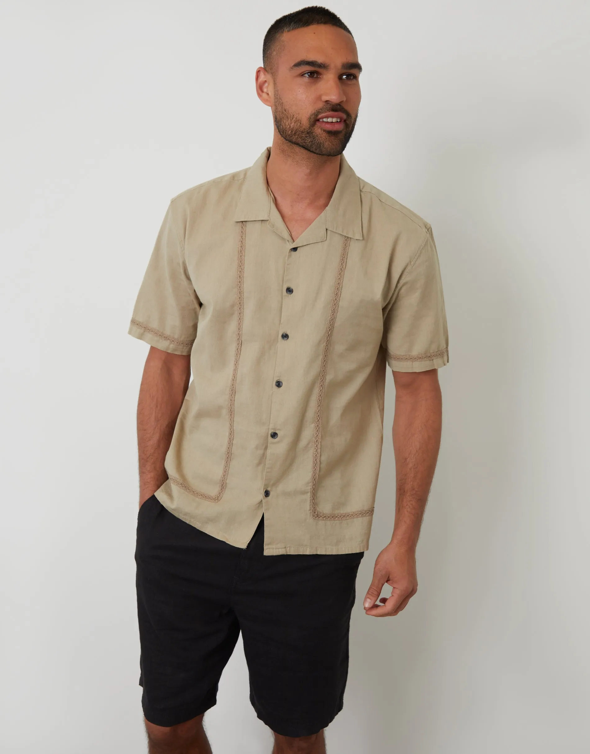 Stone Linen Blend Lace Trim Relaxed Fit Shirt sold by Threadbare