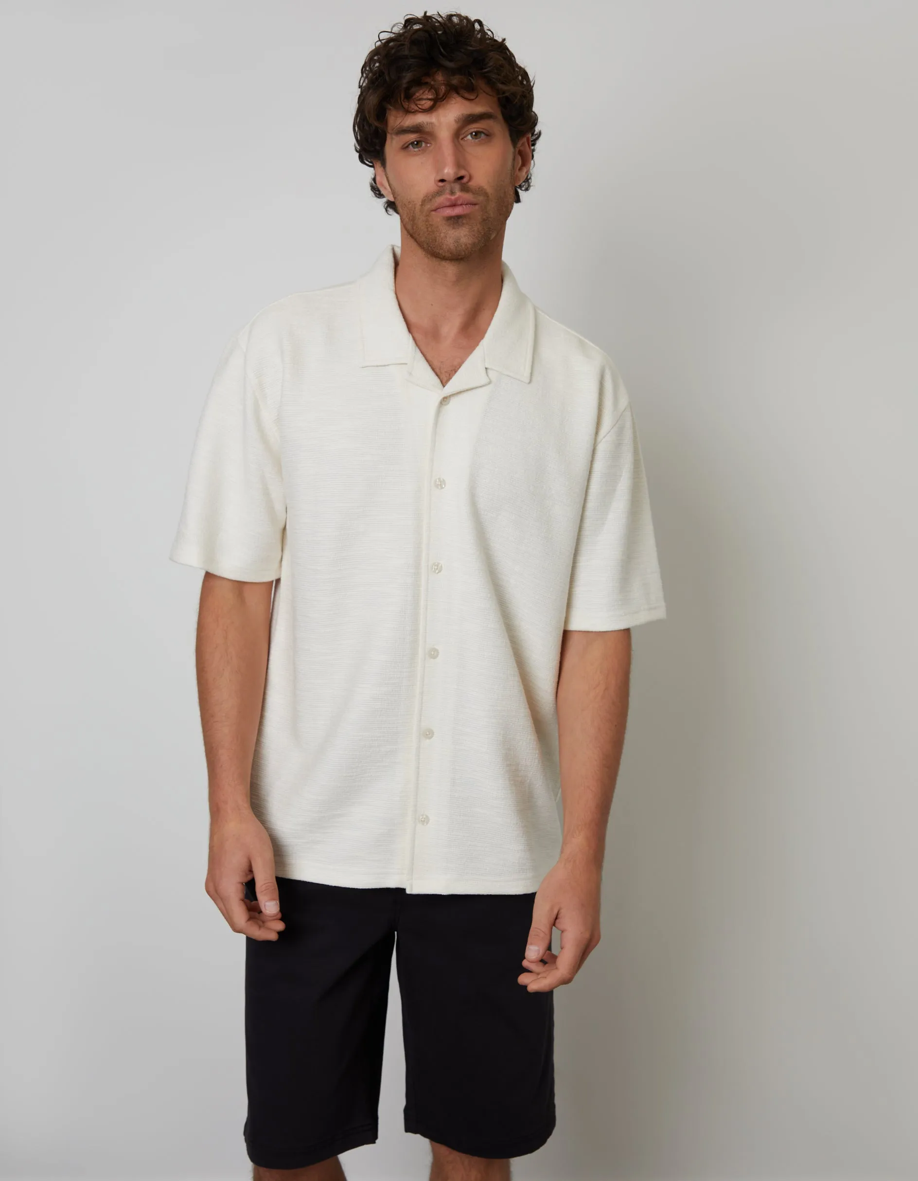 Ecru Textured Revere Collar Short Sleeve Shirt sold by Threadbare