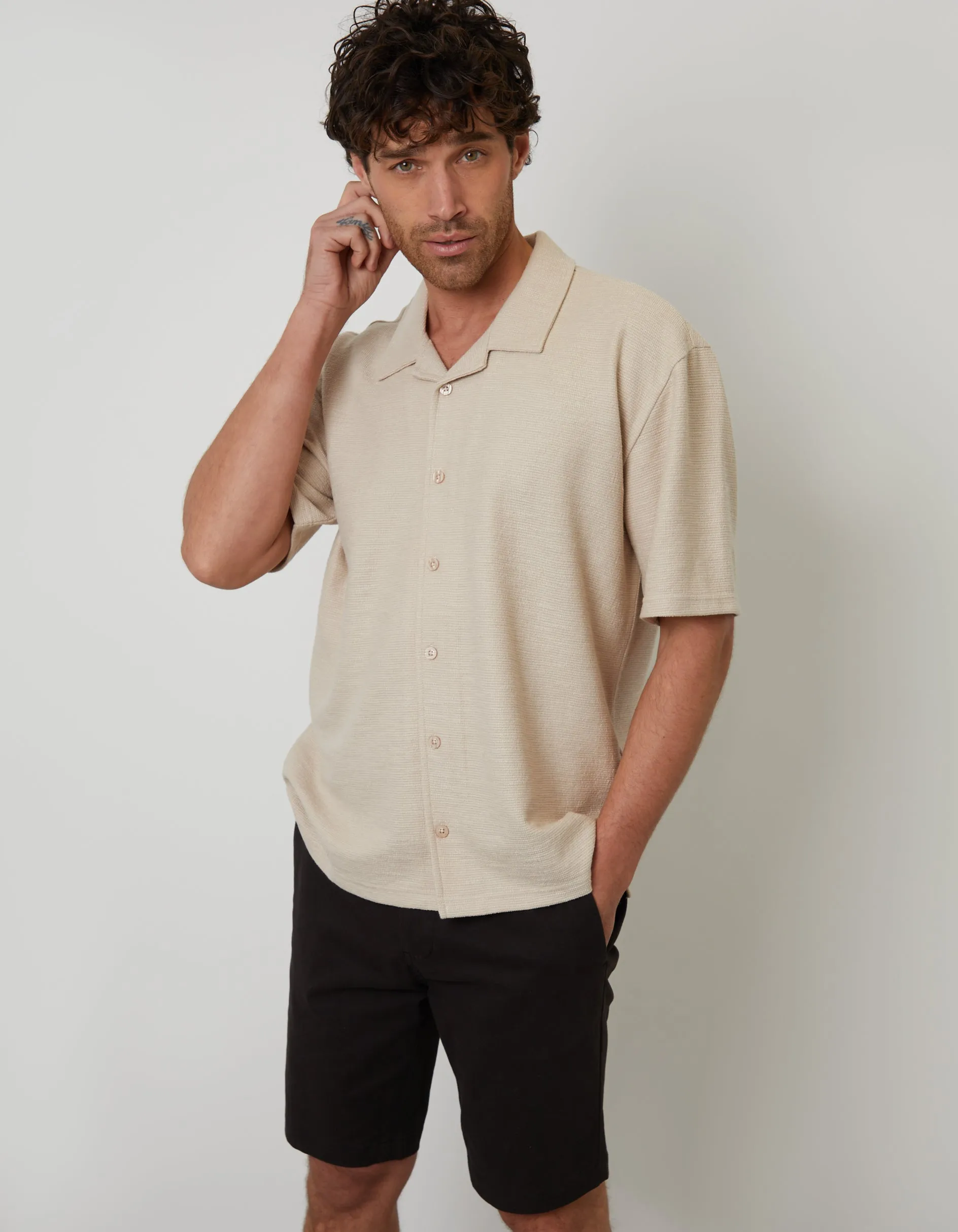Stone Textured Revere Collar Short Sleeve Shirt sold by Threadbare