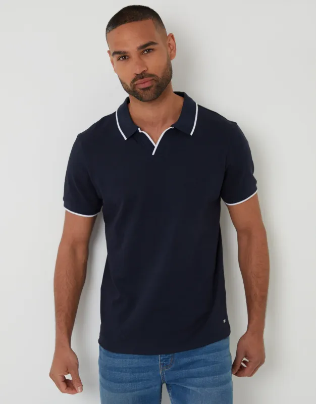 Navy Cotton Interlock Trophy Neck Polo Shirt sold by Threadbare