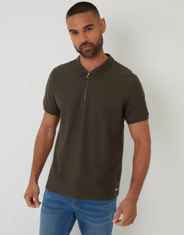 Khaki Green Textured Quarter Zip Polo Shirt sold by Threadbare