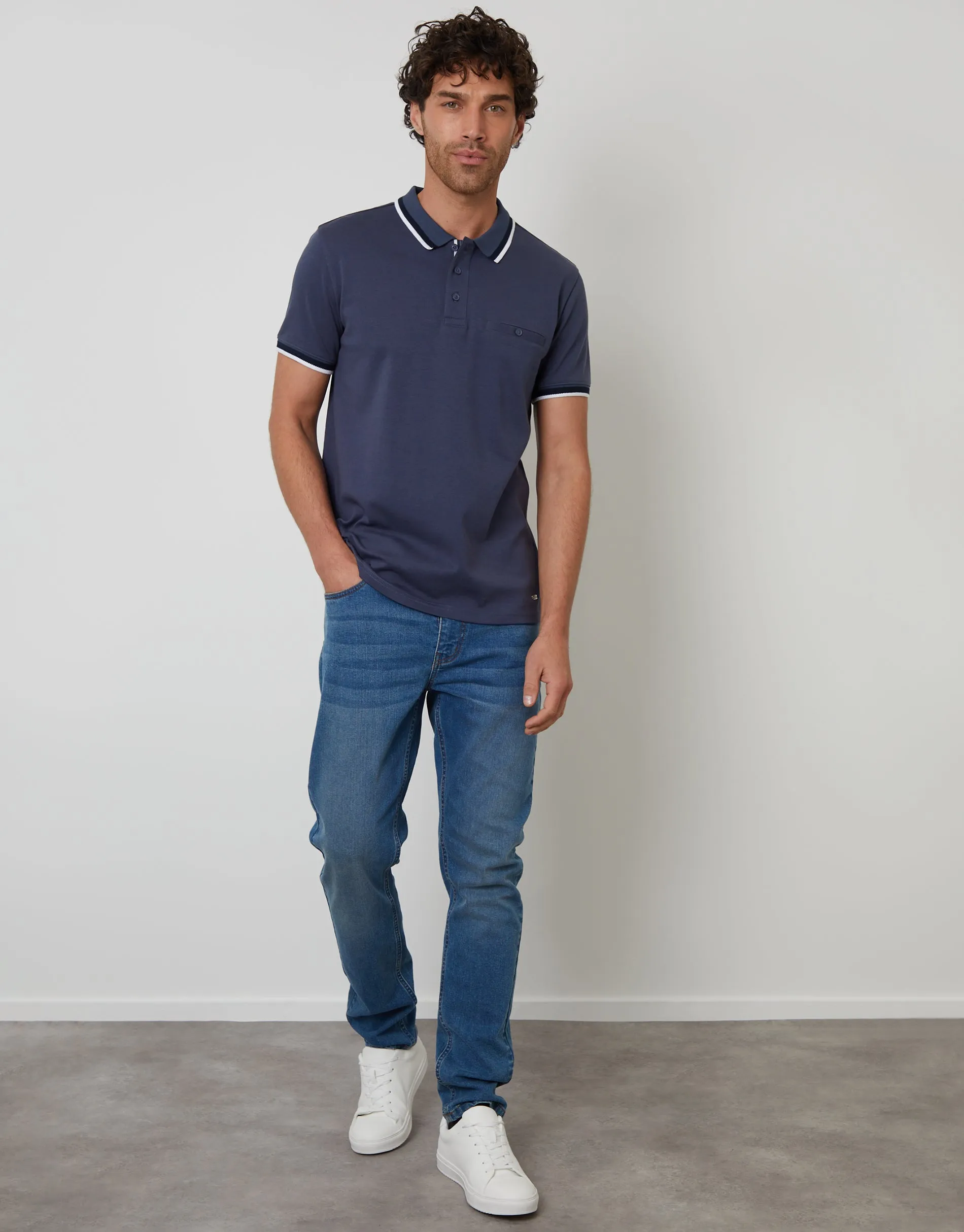 Blue Jetted Pocket Cotton Interlock Polo Shirt sold by Threadbare product image thumbnail 3