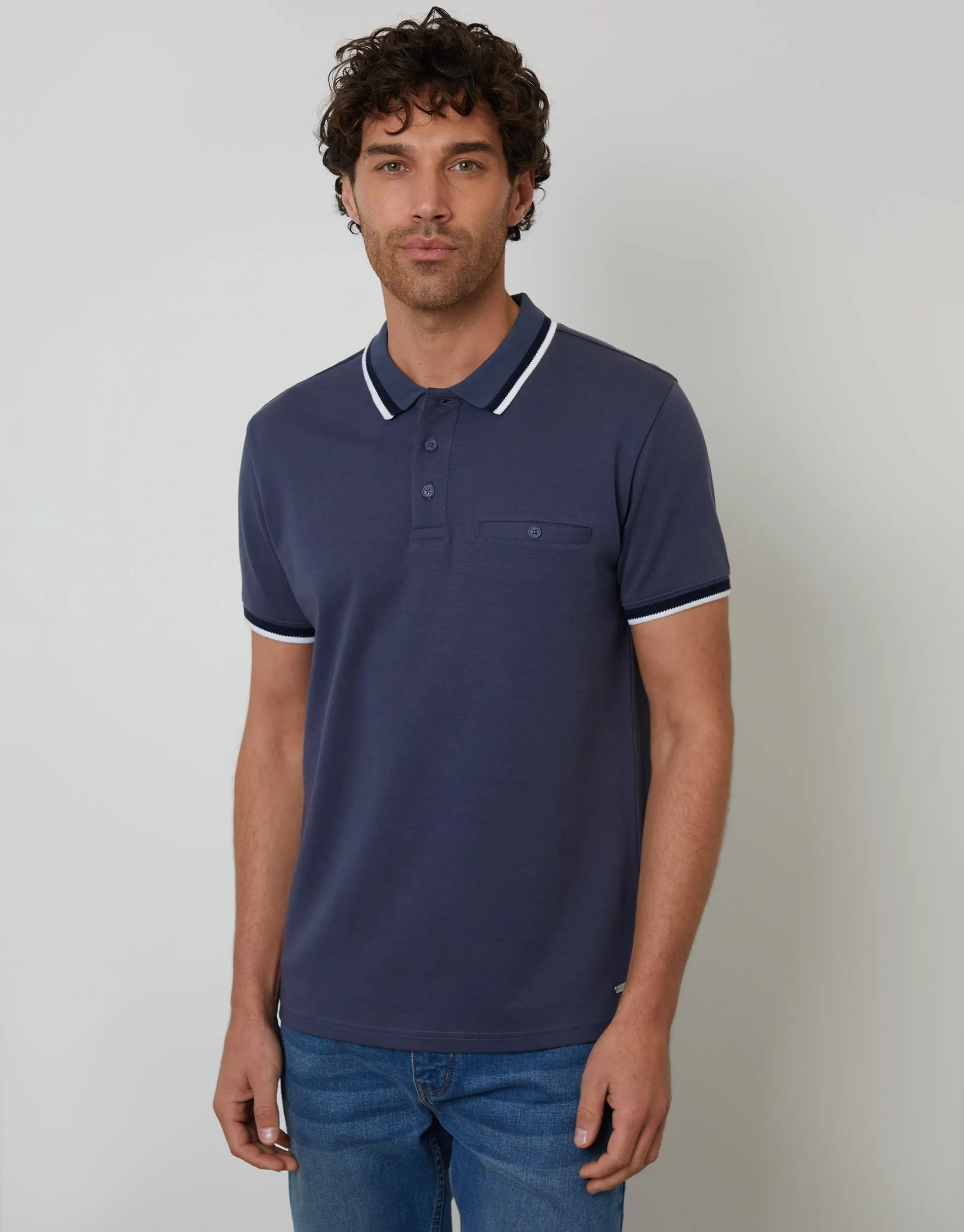 Blue Jetted Pocket Cotton Interlock Polo Shirt sold by Threadbare