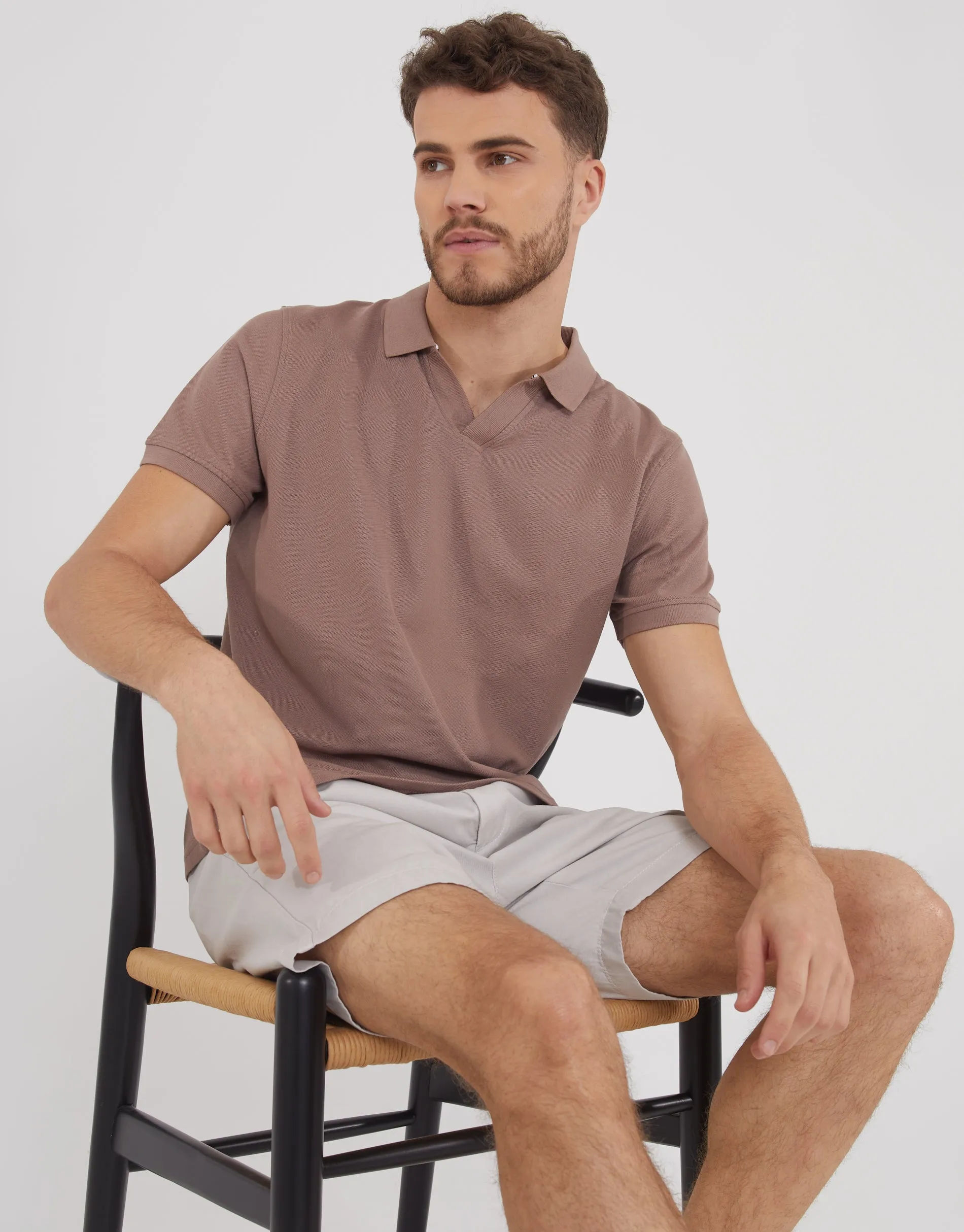 Brown Open Neck Collar Polo Shirt sold by Threadbare