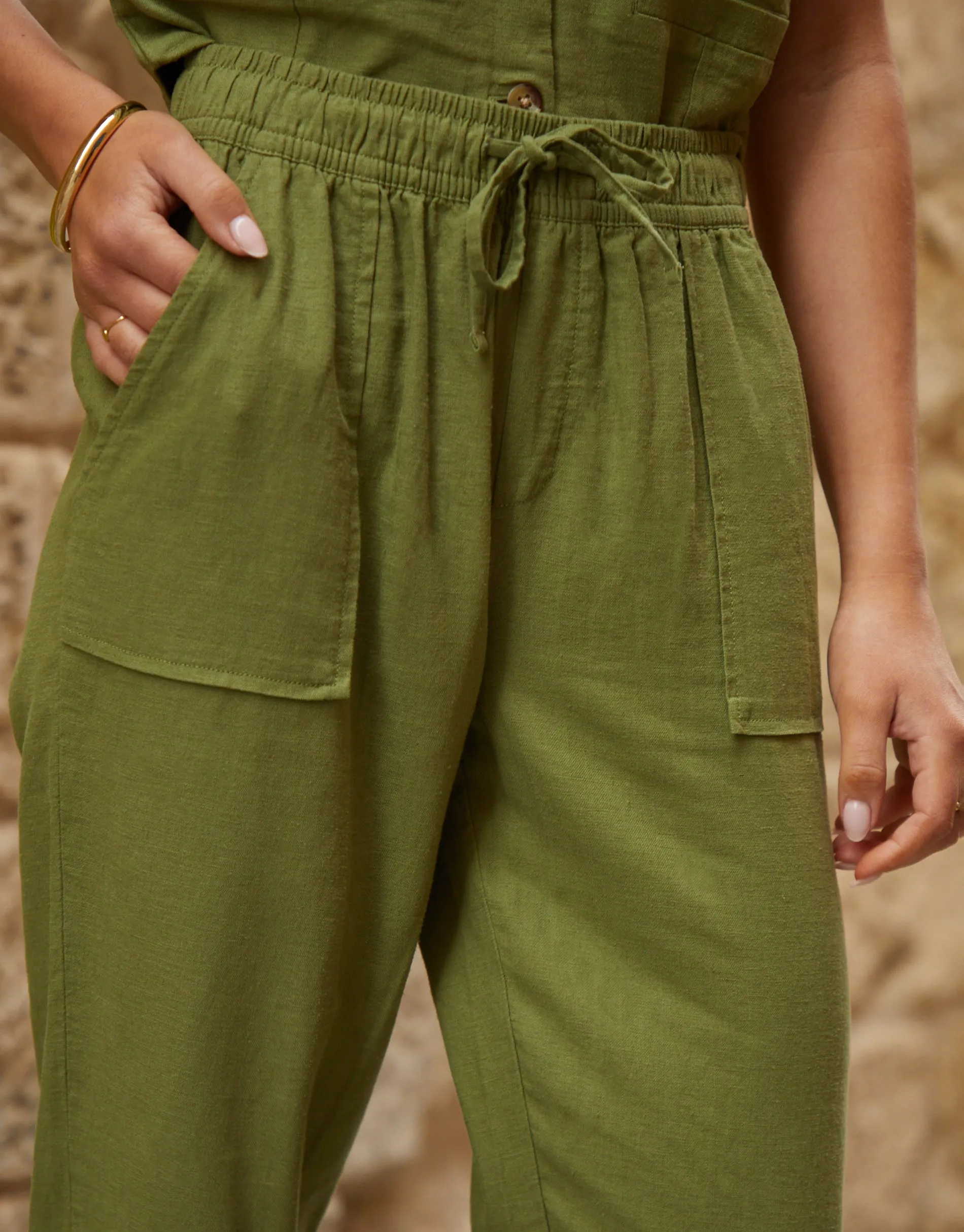 Olive Green Linen Blend Drawstring Trousers sold by Threadbare product image thumbnail 2