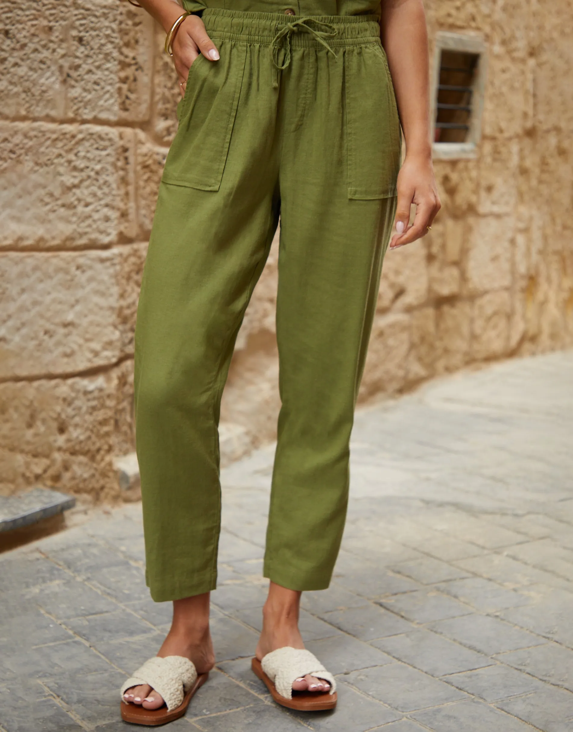 Olive Green Linen Blend Drawstring Trousers sold by Threadbare