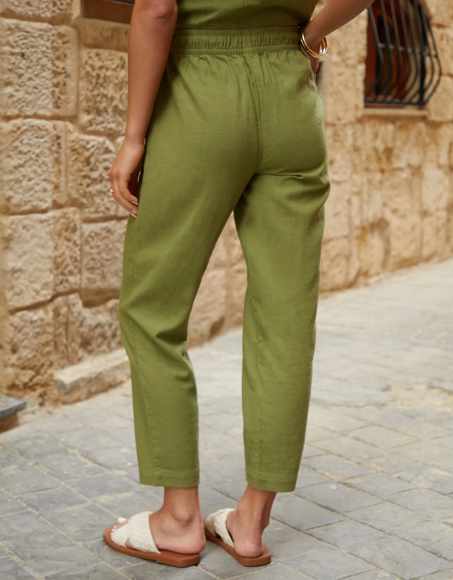 Olive Green Linen Blend Drawstring Trousers sold by Threadbare product image thumbnail 3