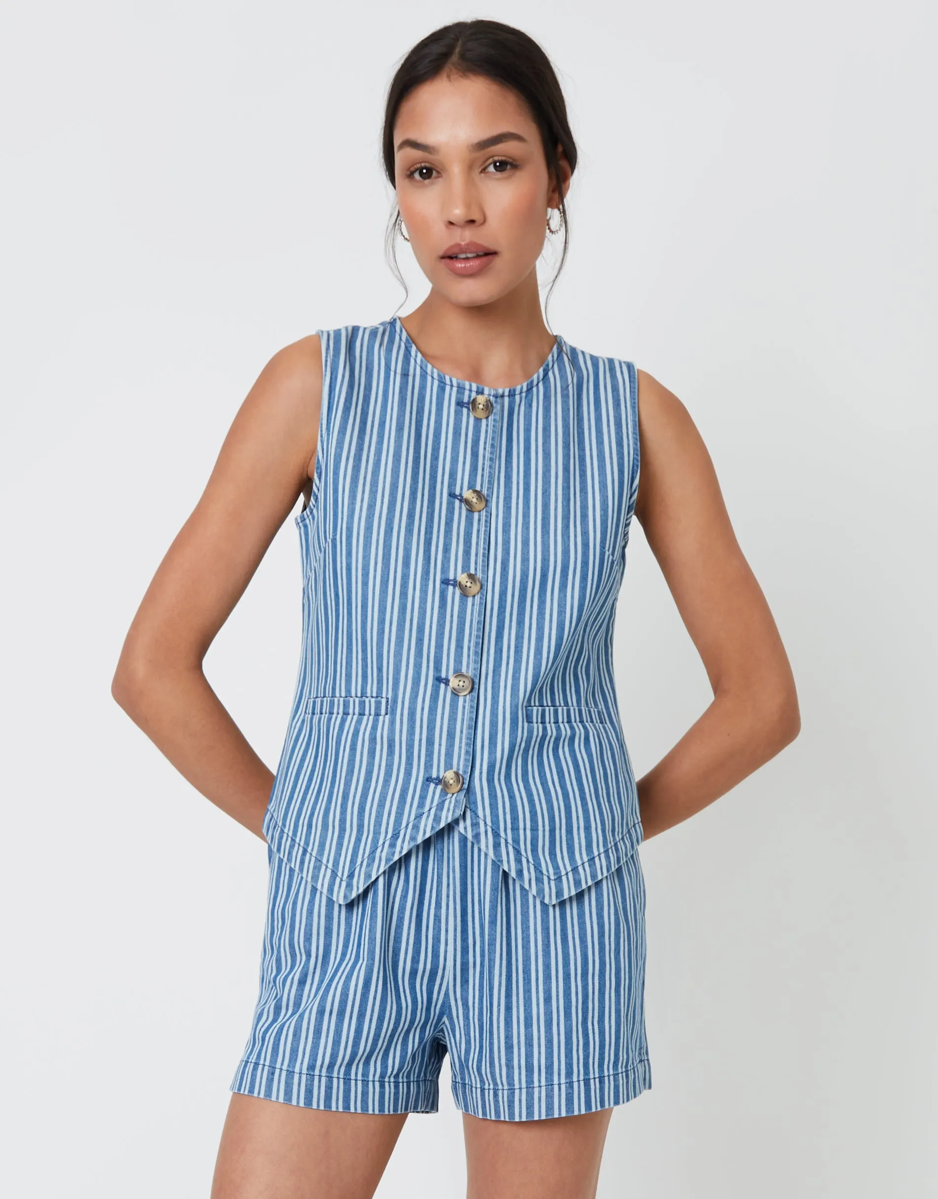 Mid Wash Striped Crew Neck Denim Waistcoat sold by Threadbare