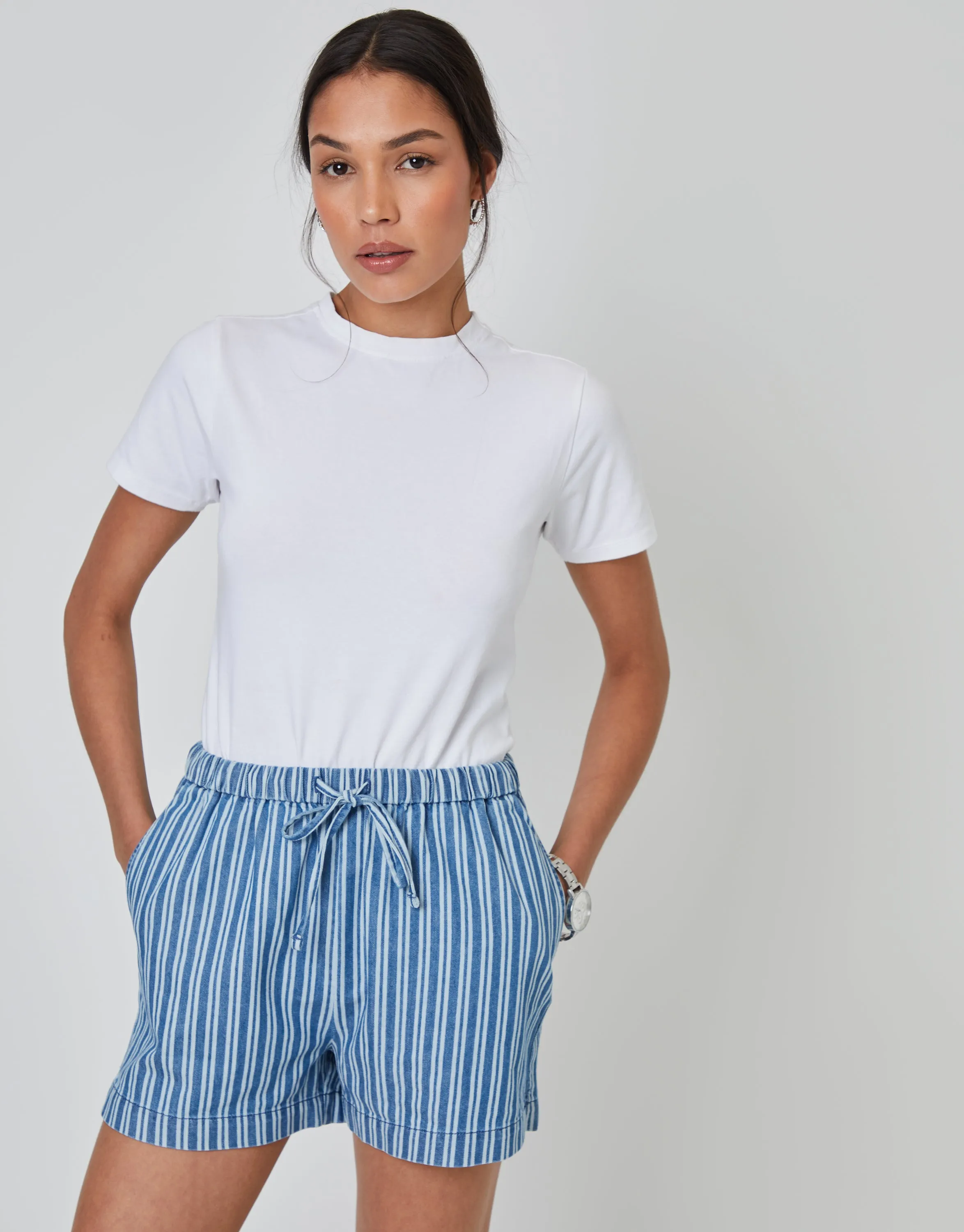 Mid Wash Striped Pull On Denim Shorts sold by Threadbare