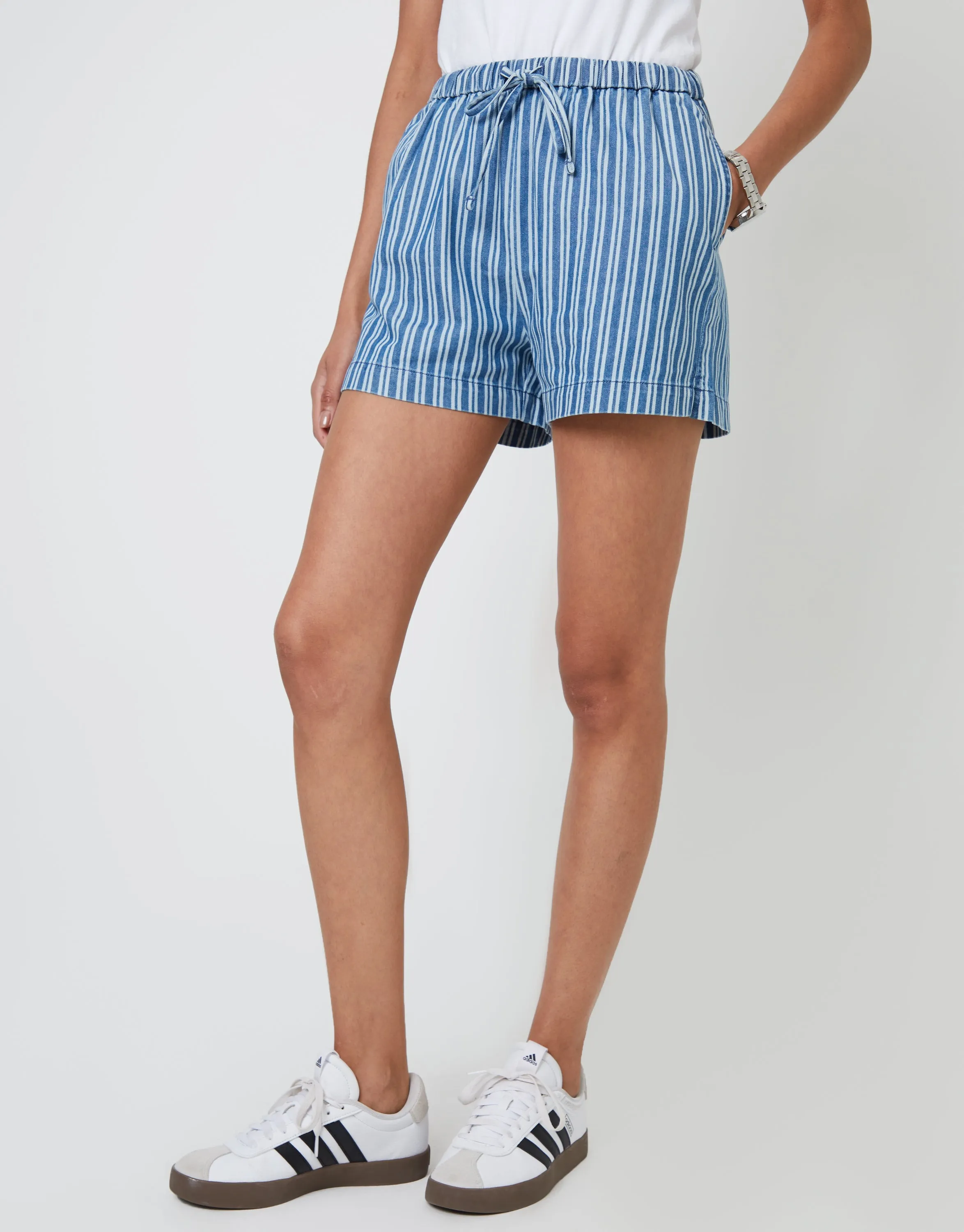 Mid Wash Striped Pull On Denim Shorts sold by Threadbare product image thumbnail 3