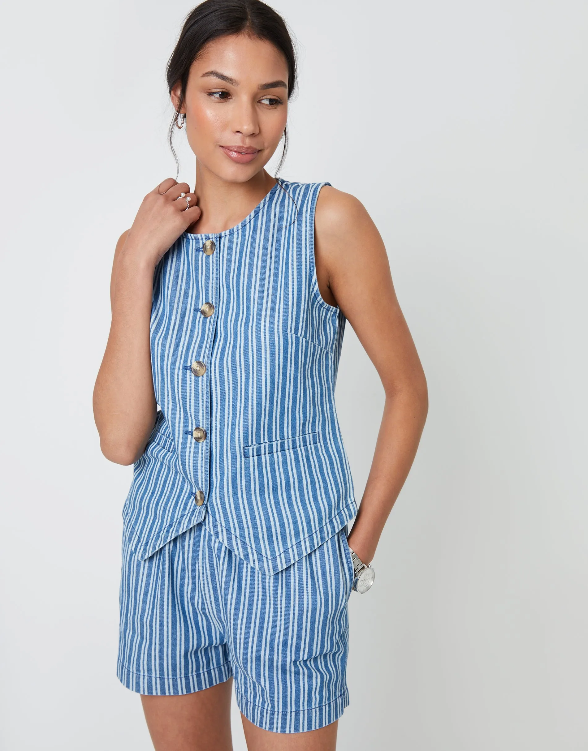 Mid Wash Striped Pull On Denim Shorts sold by Threadbare product image thumbnail 5