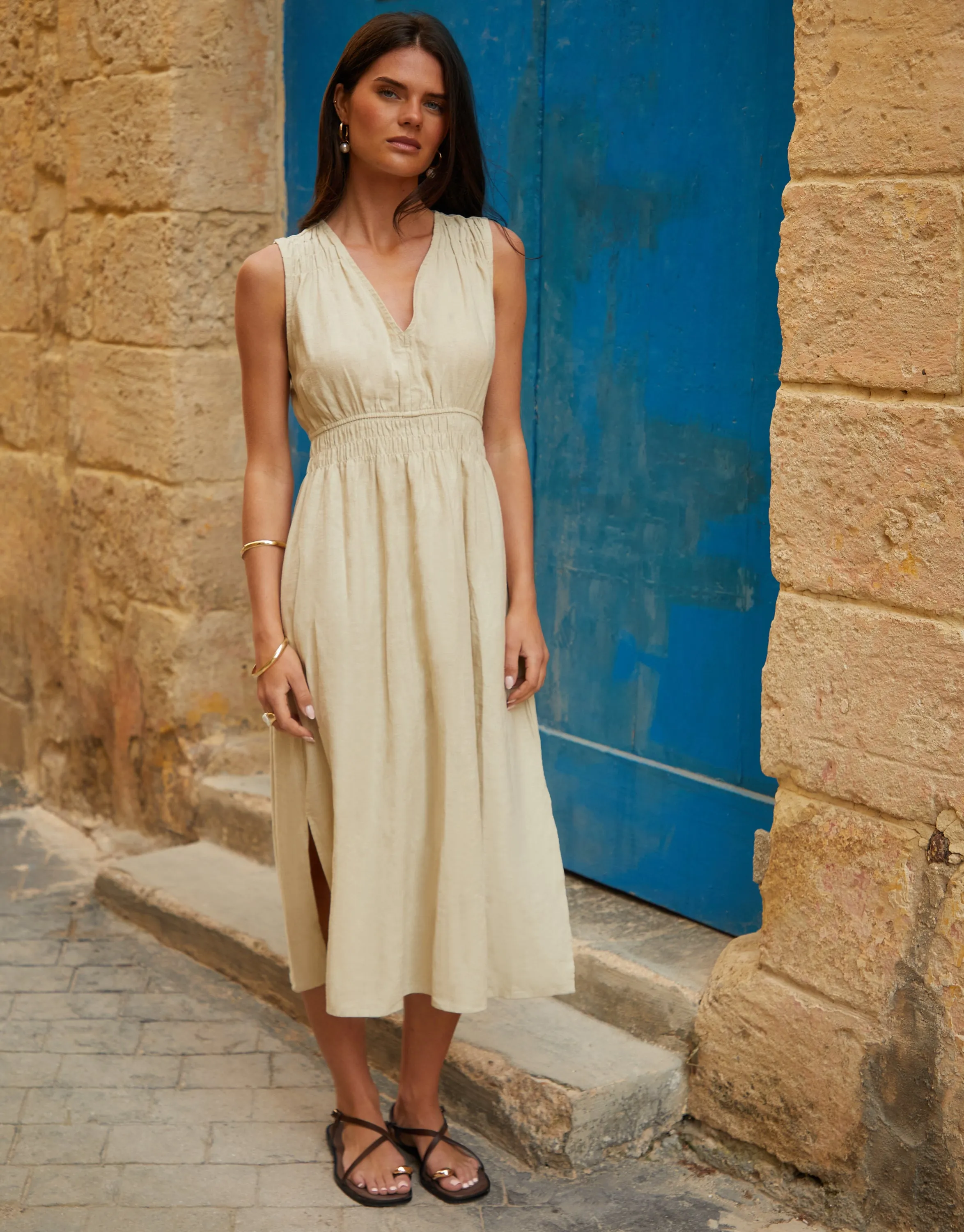 Stone Linen Blend Ruched Midi Dress sold by Threadbare product image thumbnail 4