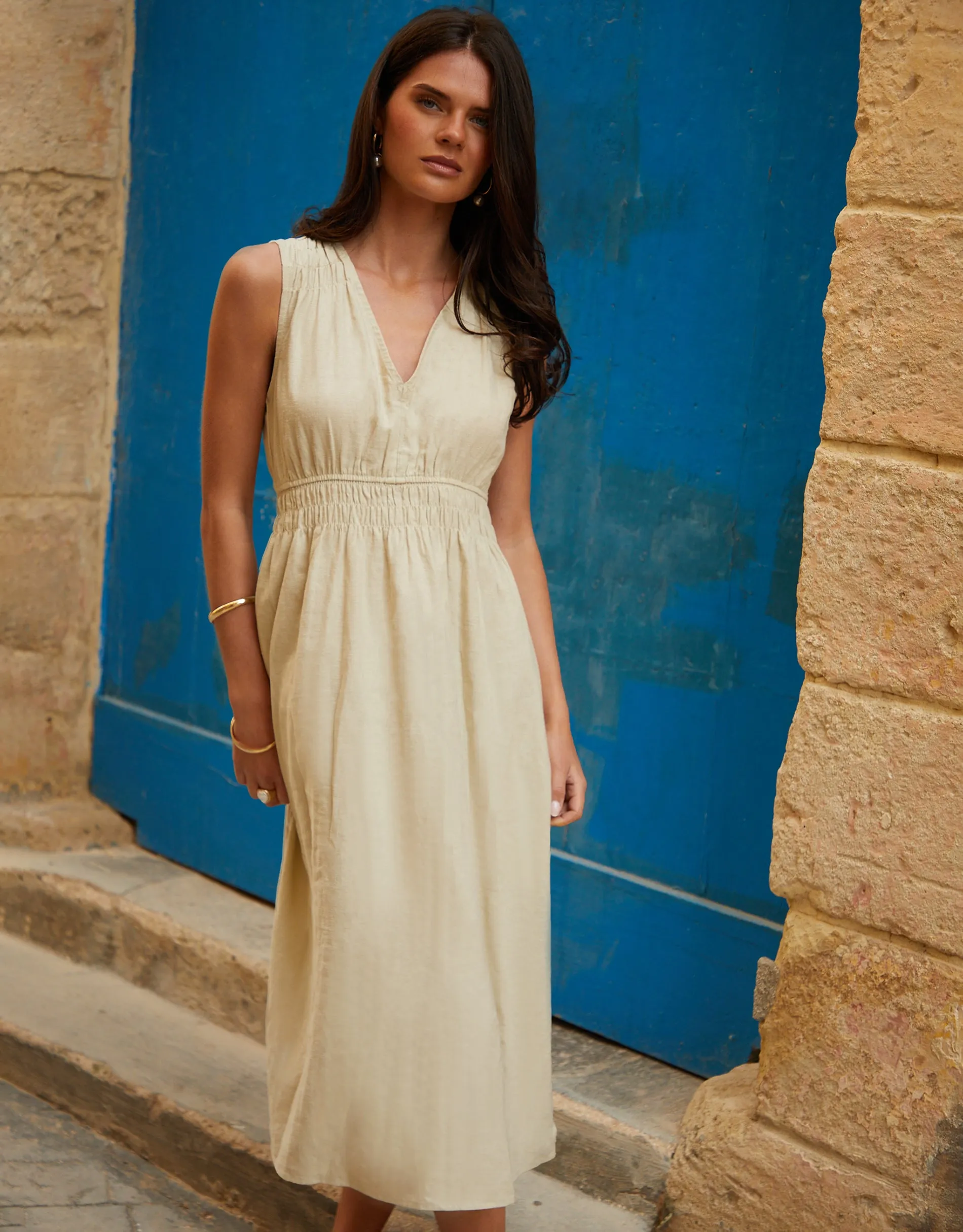 Stone Linen Blend Ruched Midi Dress sold by Threadbare