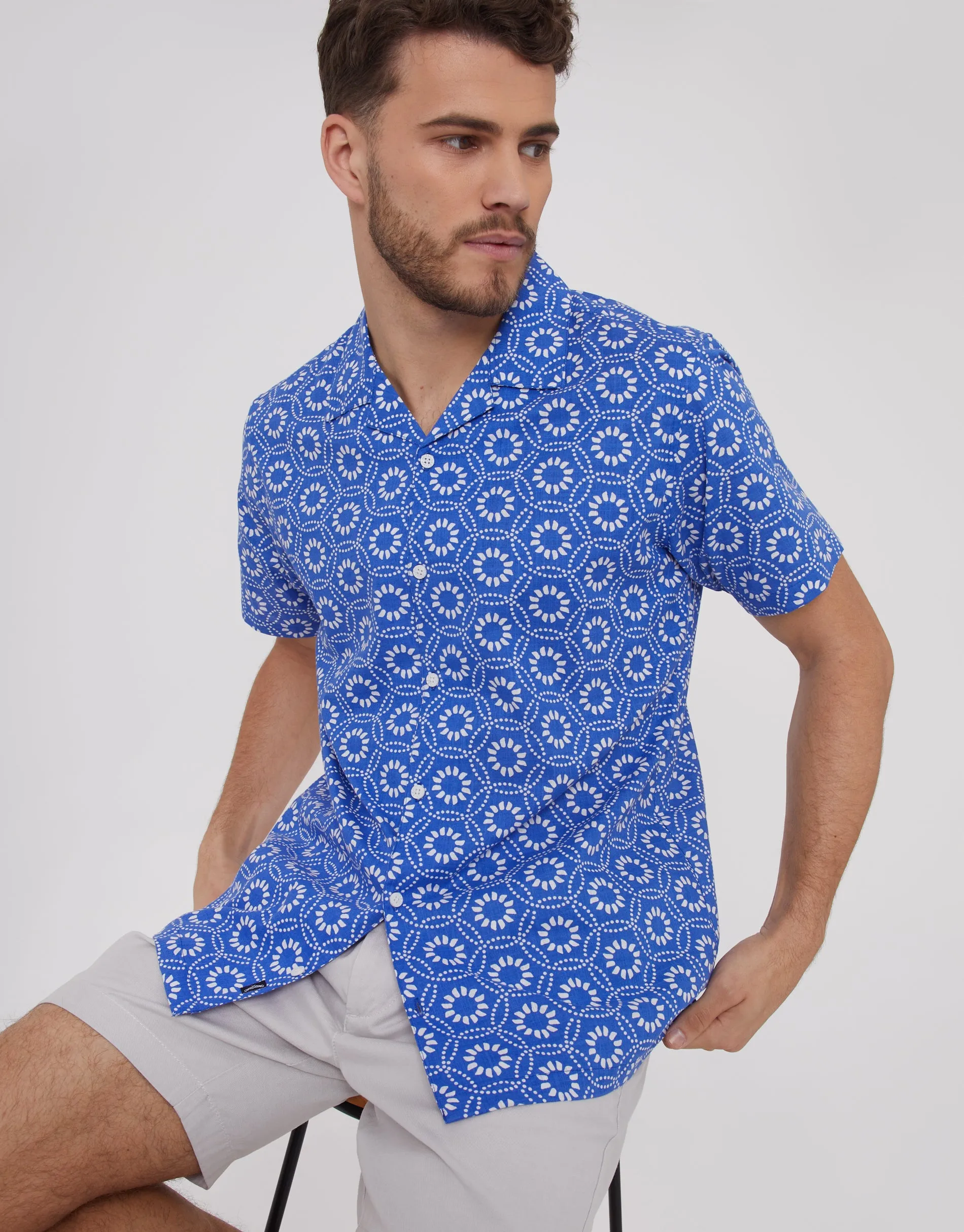 Blue Tile Print Short Sleeve Shirt sold by Threadbare