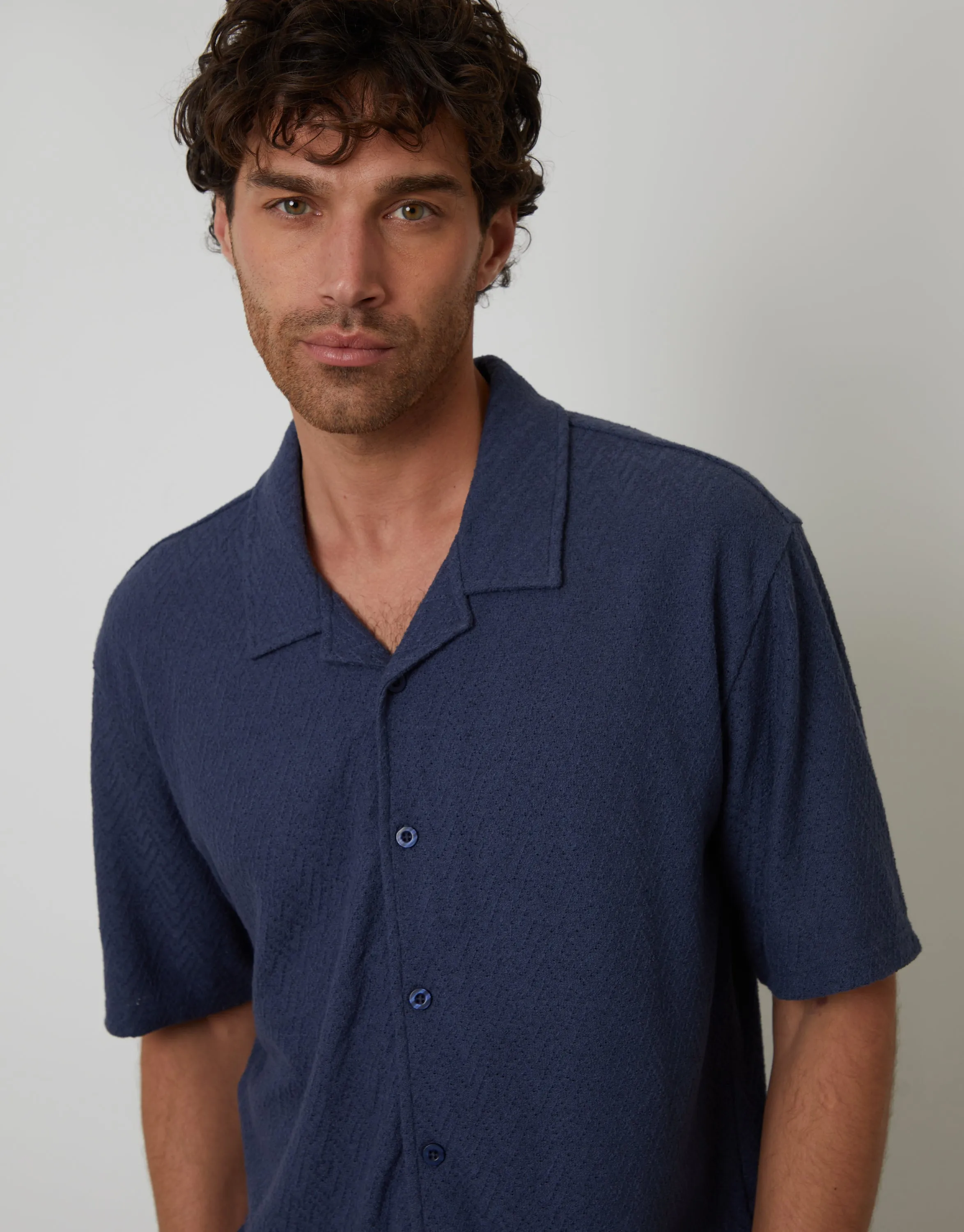 Denim Blue Relaxed Fit Textured Revere Collar Shirt sold by Threadbare product image thumbnail 4