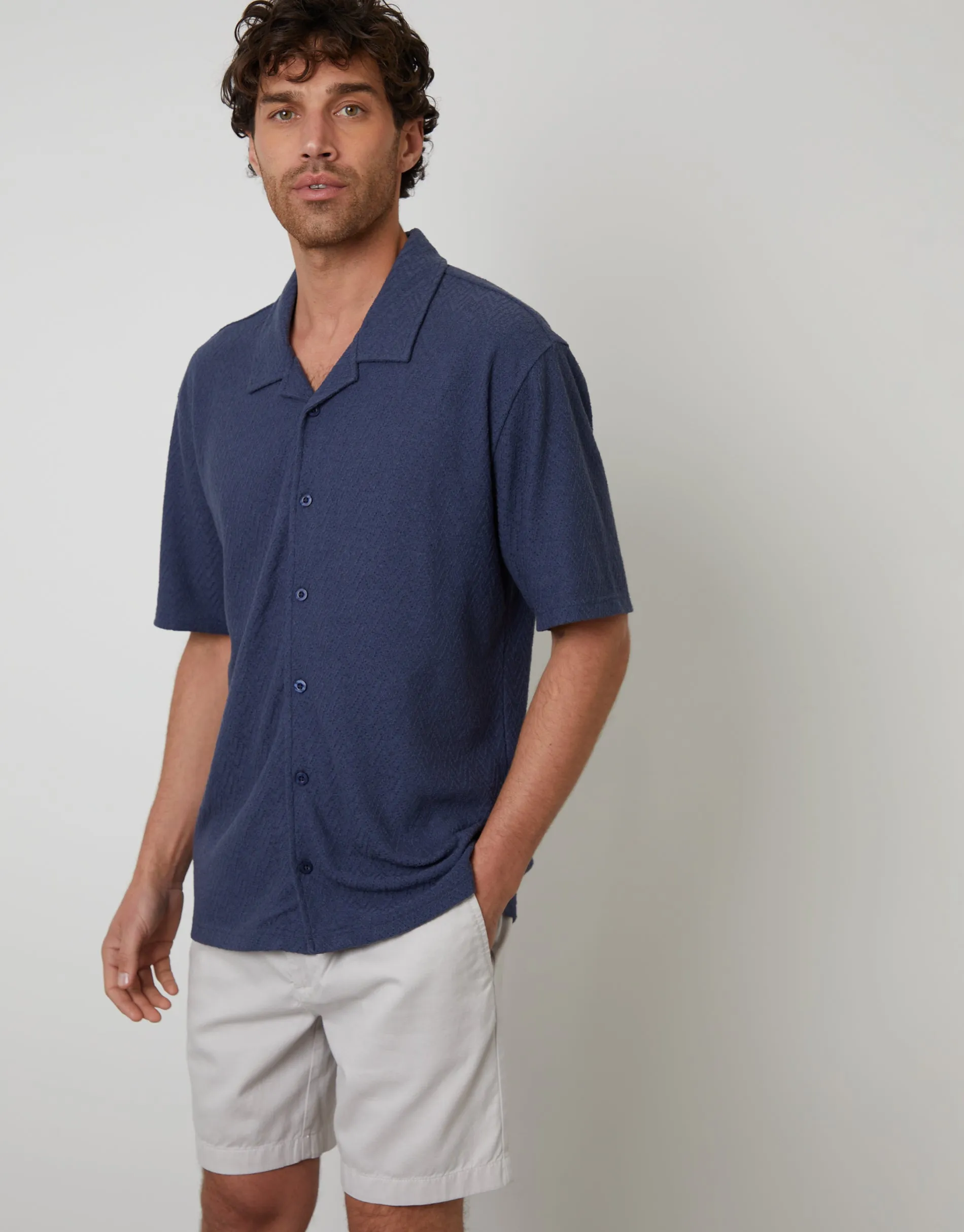 Denim Blue Relaxed Fit Textured Revere Collar Shirt sold by Threadbare