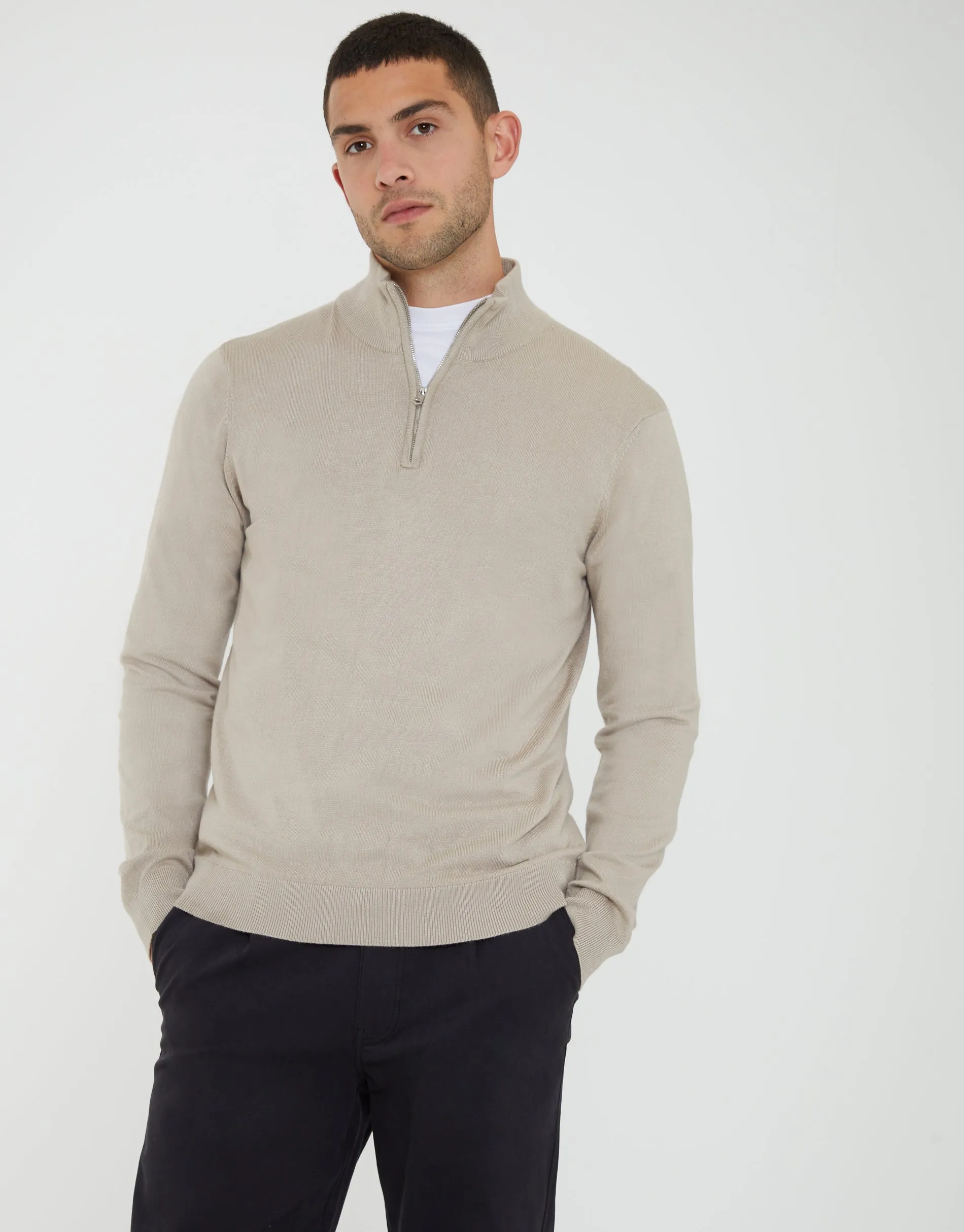 Ecru Funnel Neck Quarter Zip Knitted Jumper sold by Threadbare