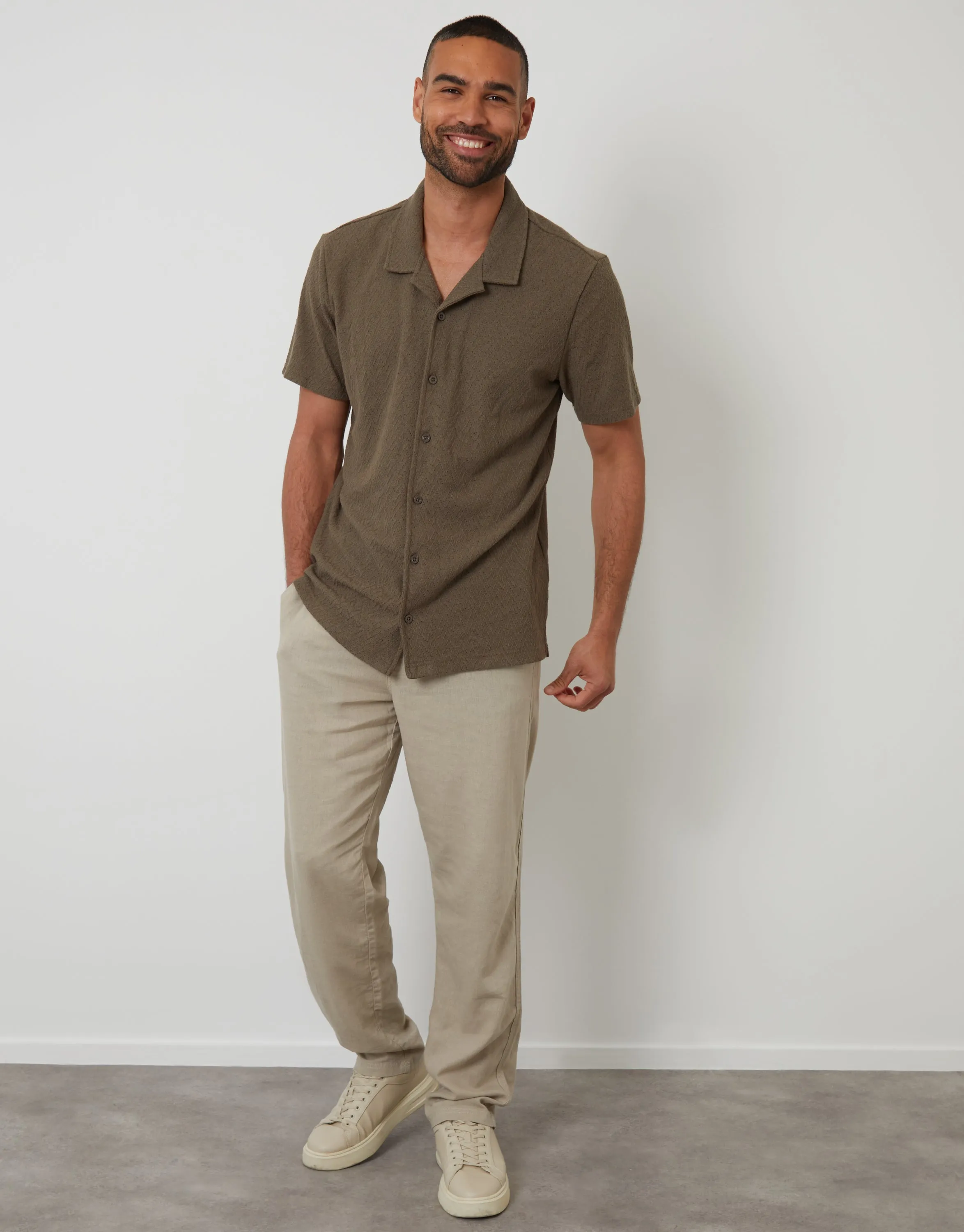 Khaki Green Relaxed Fit Textured Revere Collar Shirt sold by Threadbare product image thumbnail 3