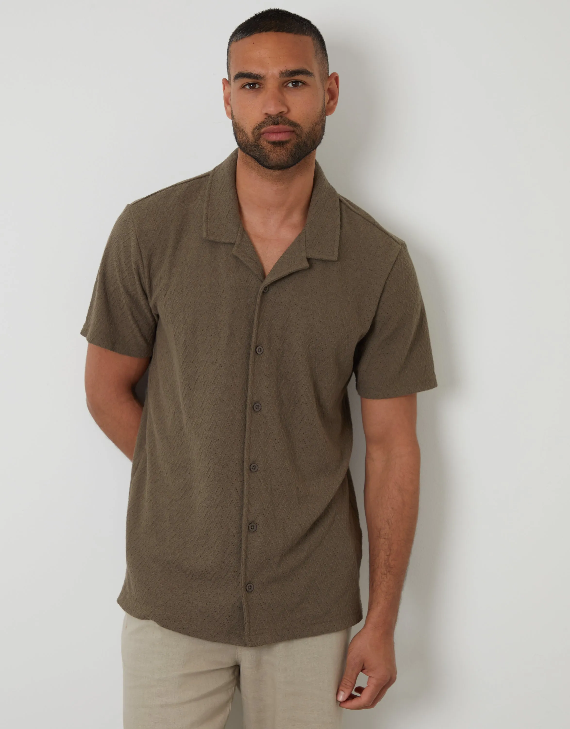 Khaki Green Relaxed Fit Textured Revere Collar Shirt sold by Threadbare