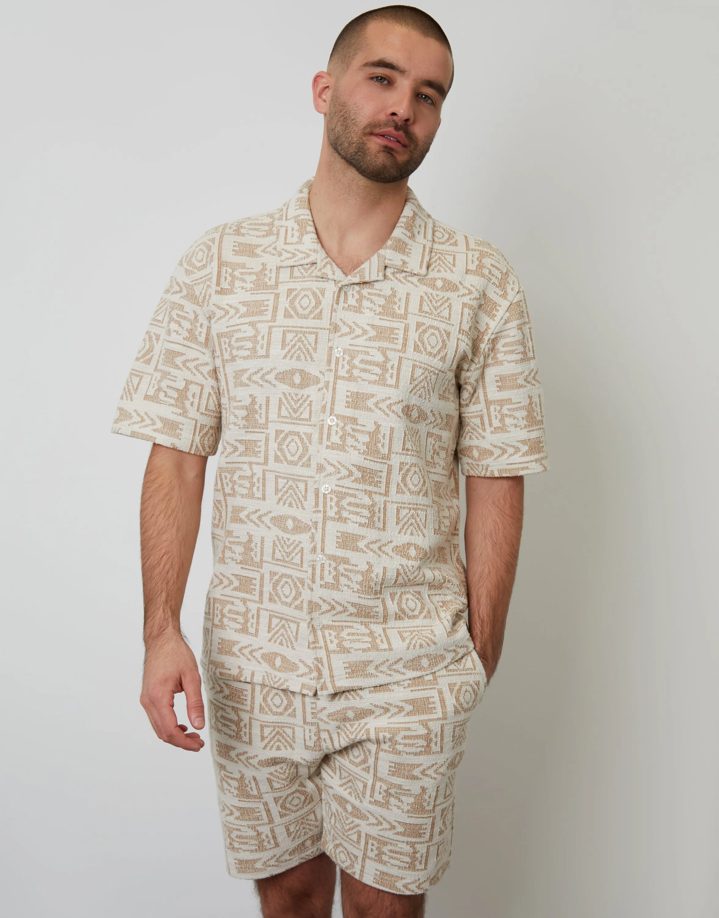 Ecru Printed Textured Relaxed Fit Short Sleeve Shirt sold by Threadbare product image thumbnail 2