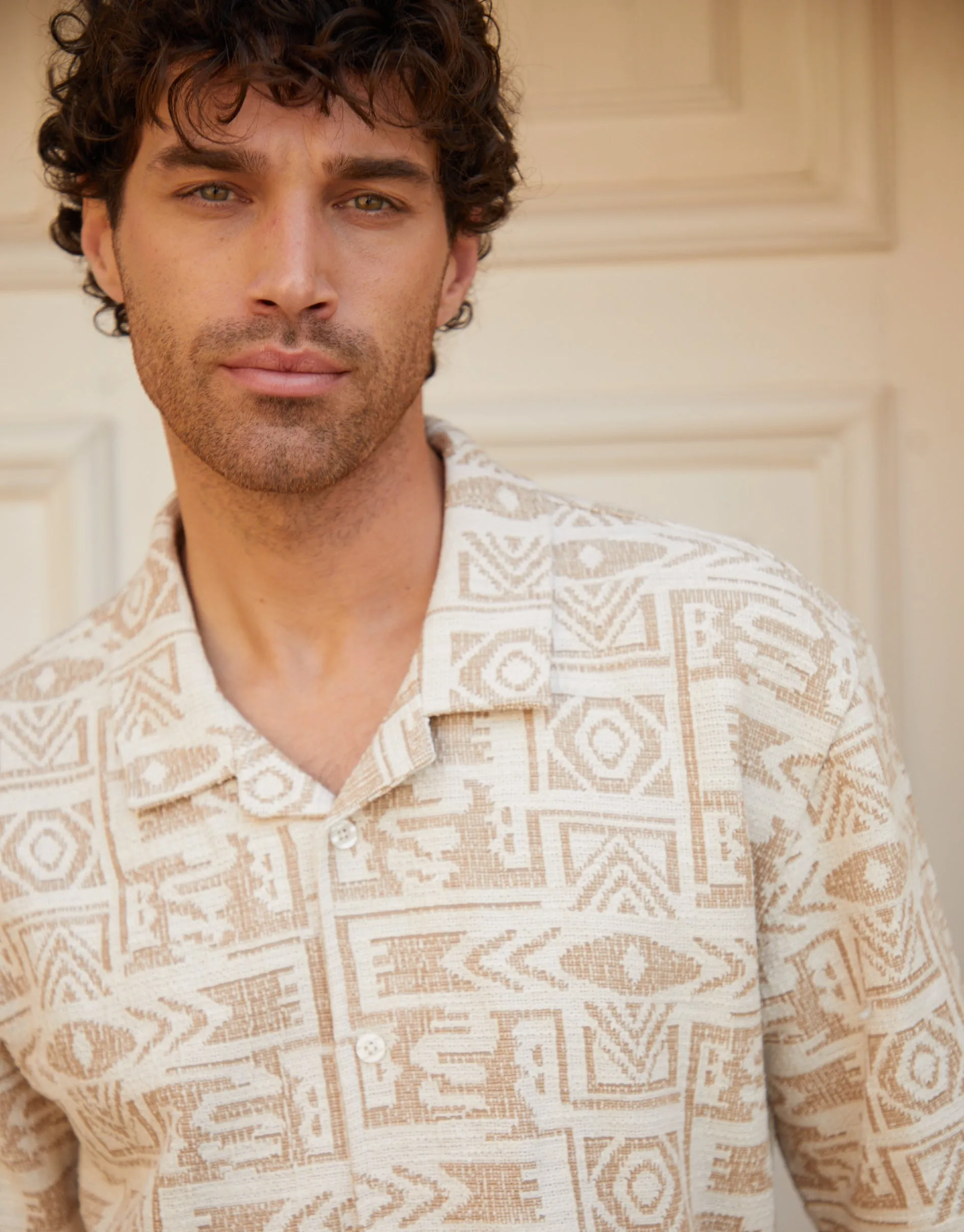 Ecru Printed Textured Relaxed Fit Short Sleeve Shirt sold by Threadbare