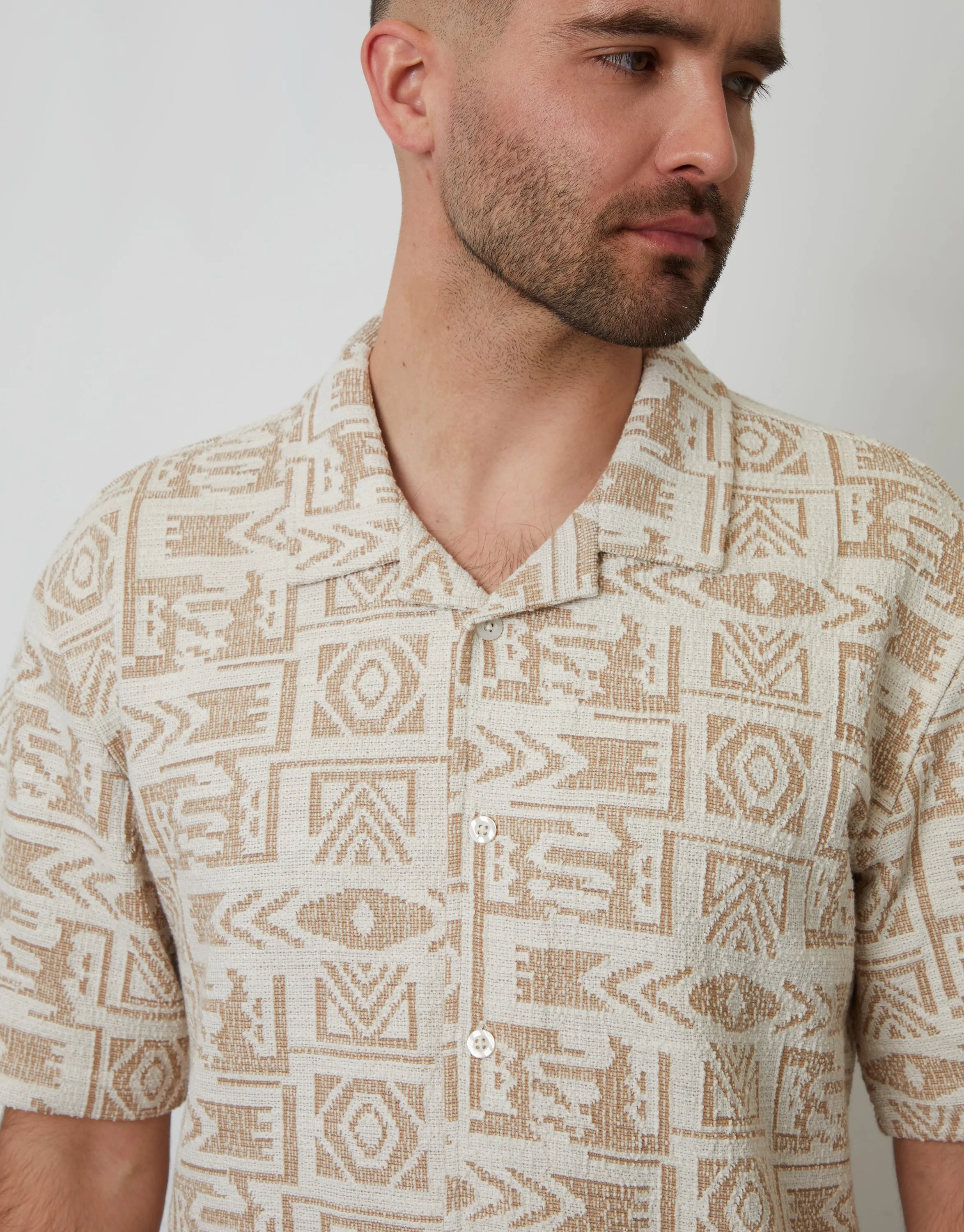 Ecru Printed Textured Relaxed Fit Short Sleeve Shirt sold by Threadbare product image thumbnail 5