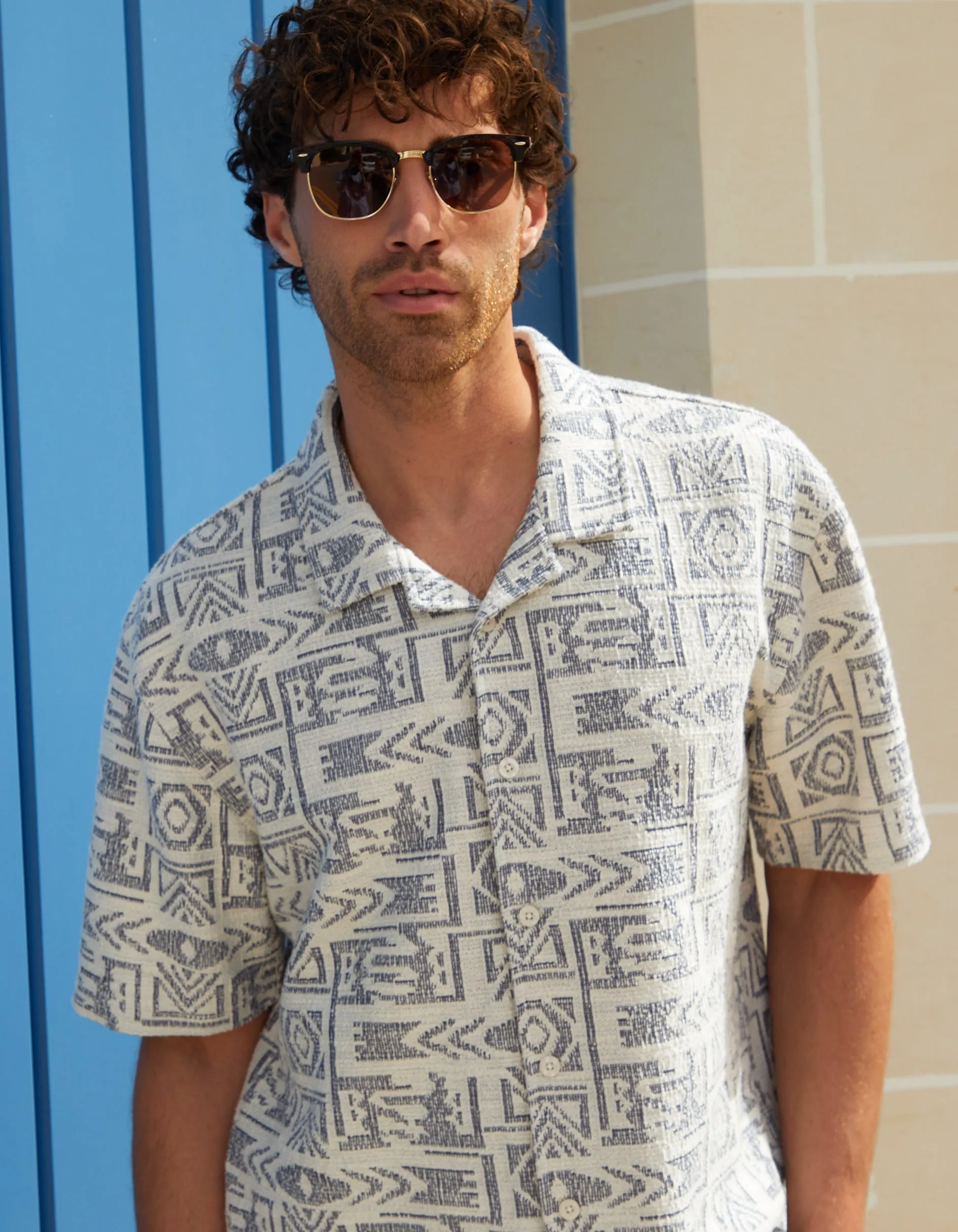Navy Printed Textured Relaxed Fit Short Sleeve Shirt sold by Threadbare