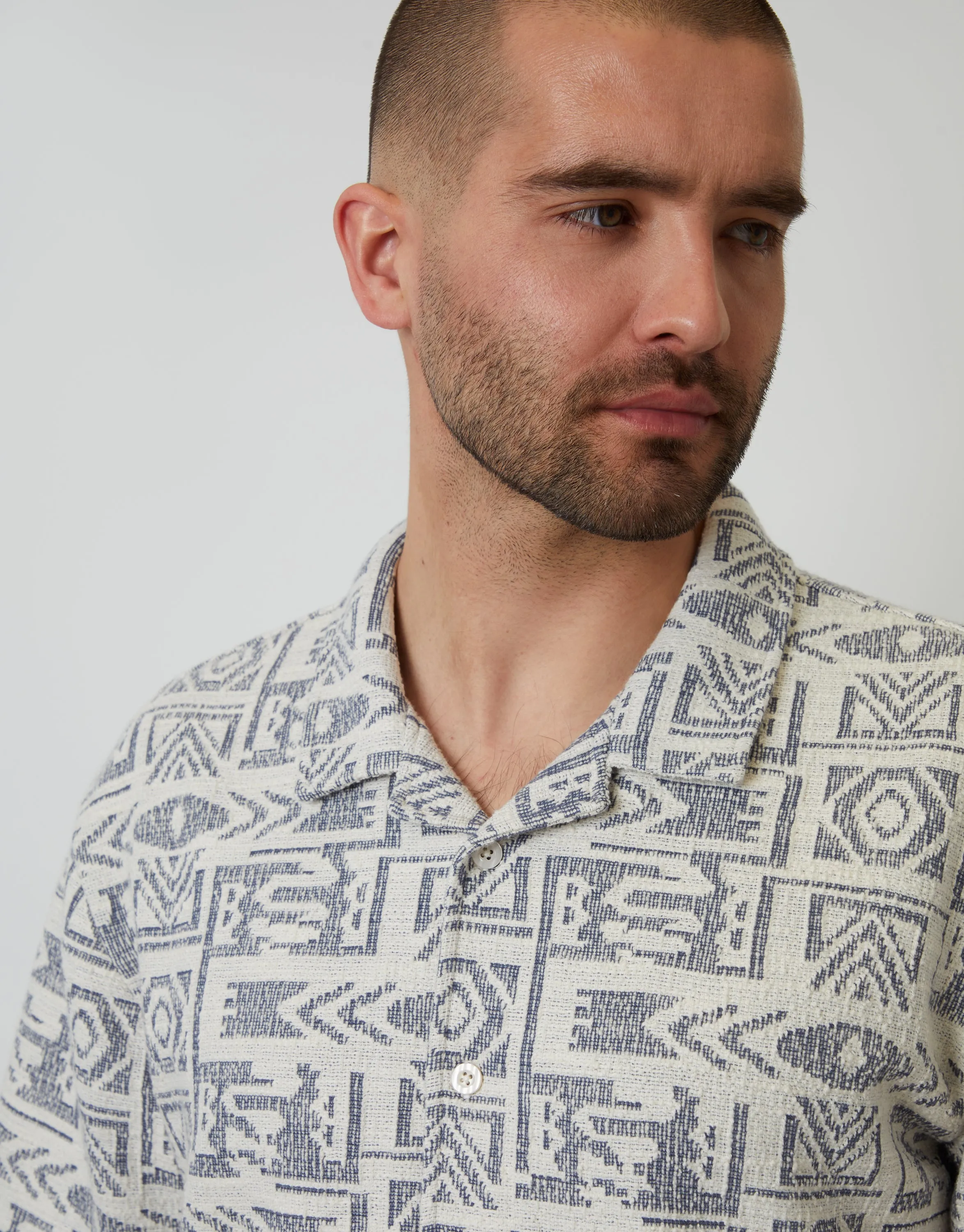 Navy Printed Textured Relaxed Fit Short Sleeve Shirt sold by Threadbare product image thumbnail 5