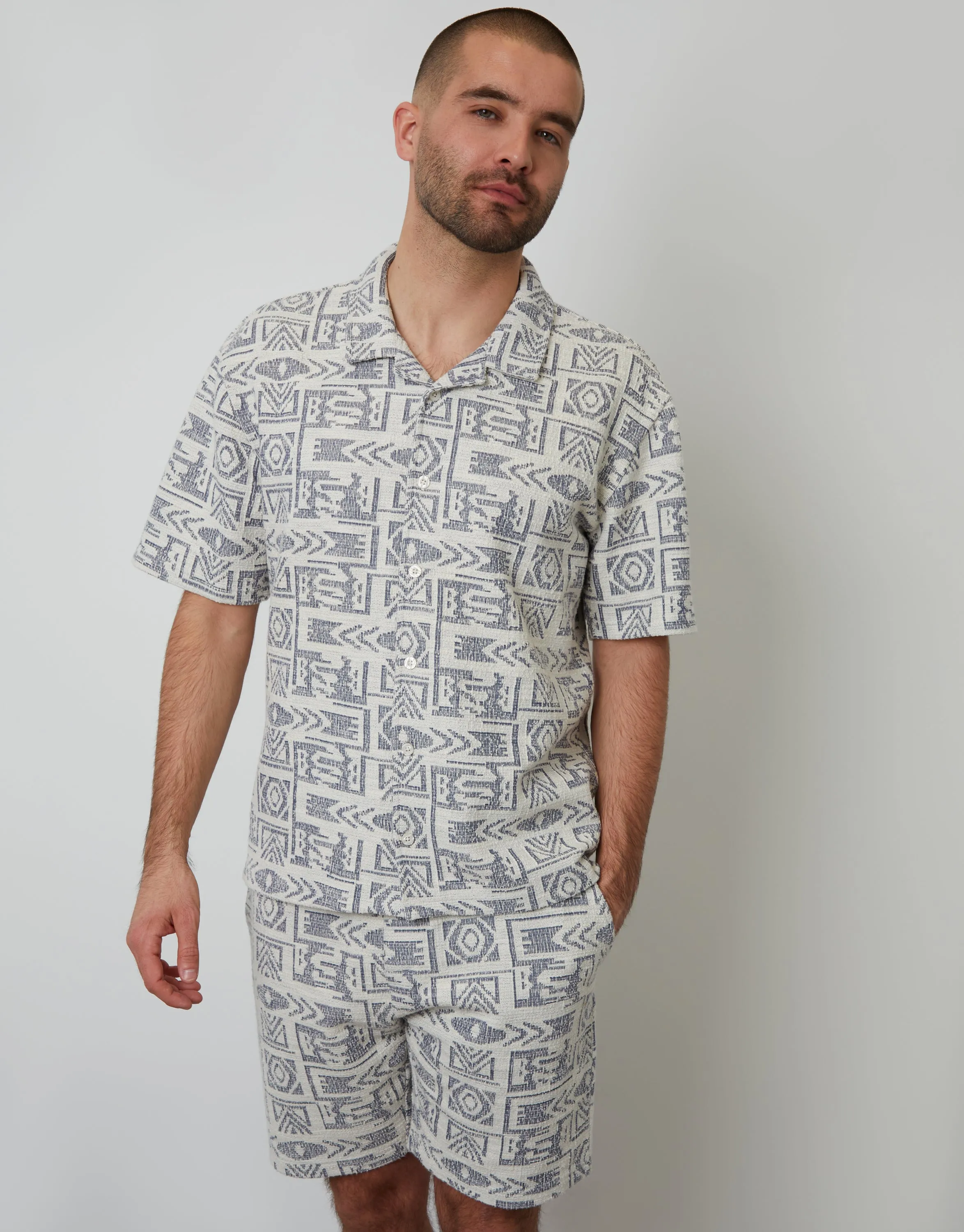 Navy Printed Textured Relaxed Fit Short Sleeve Shirt sold by Threadbare product image thumbnail 2