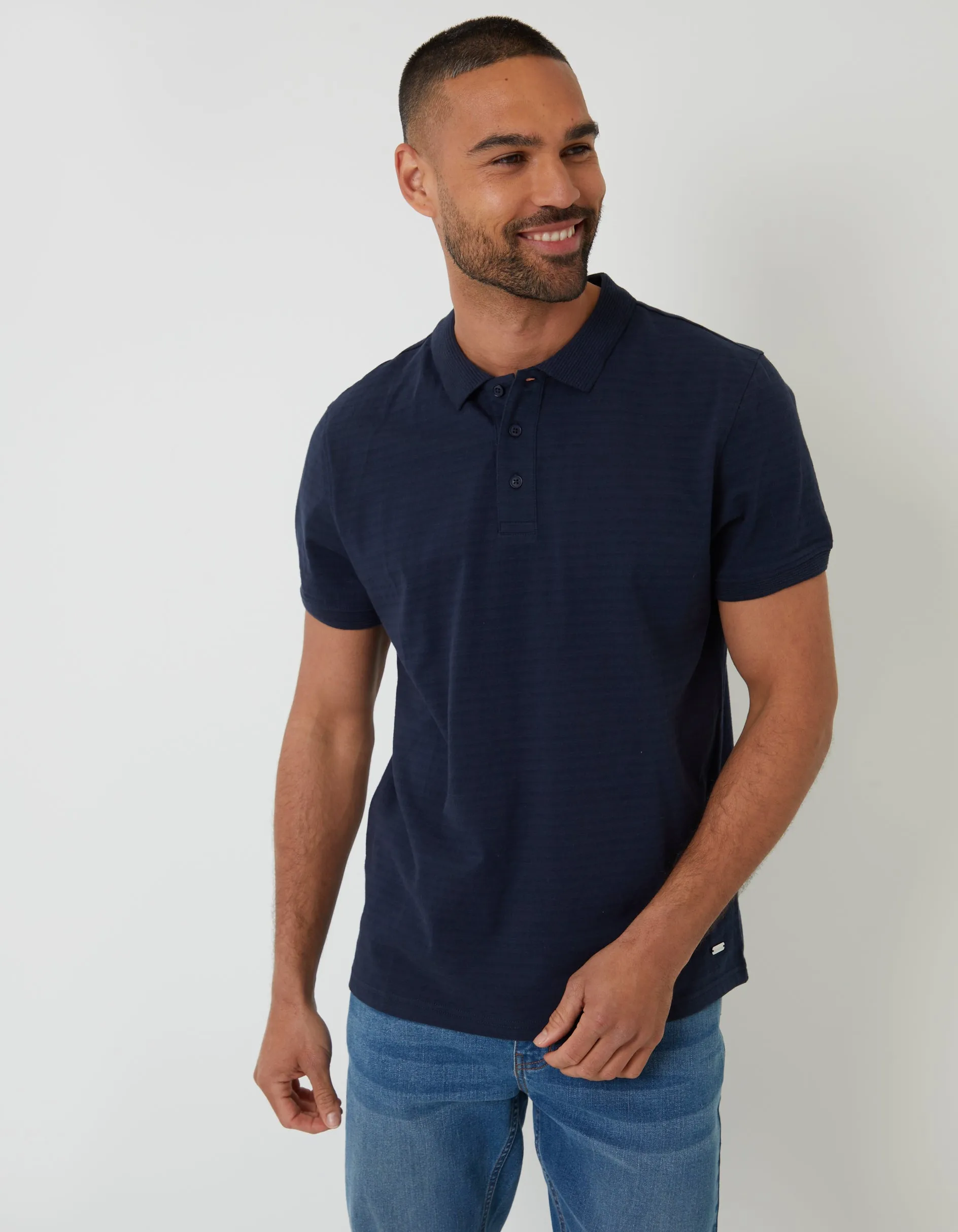 Navy Textured Jersey Polo Shirt sold by Threadbare