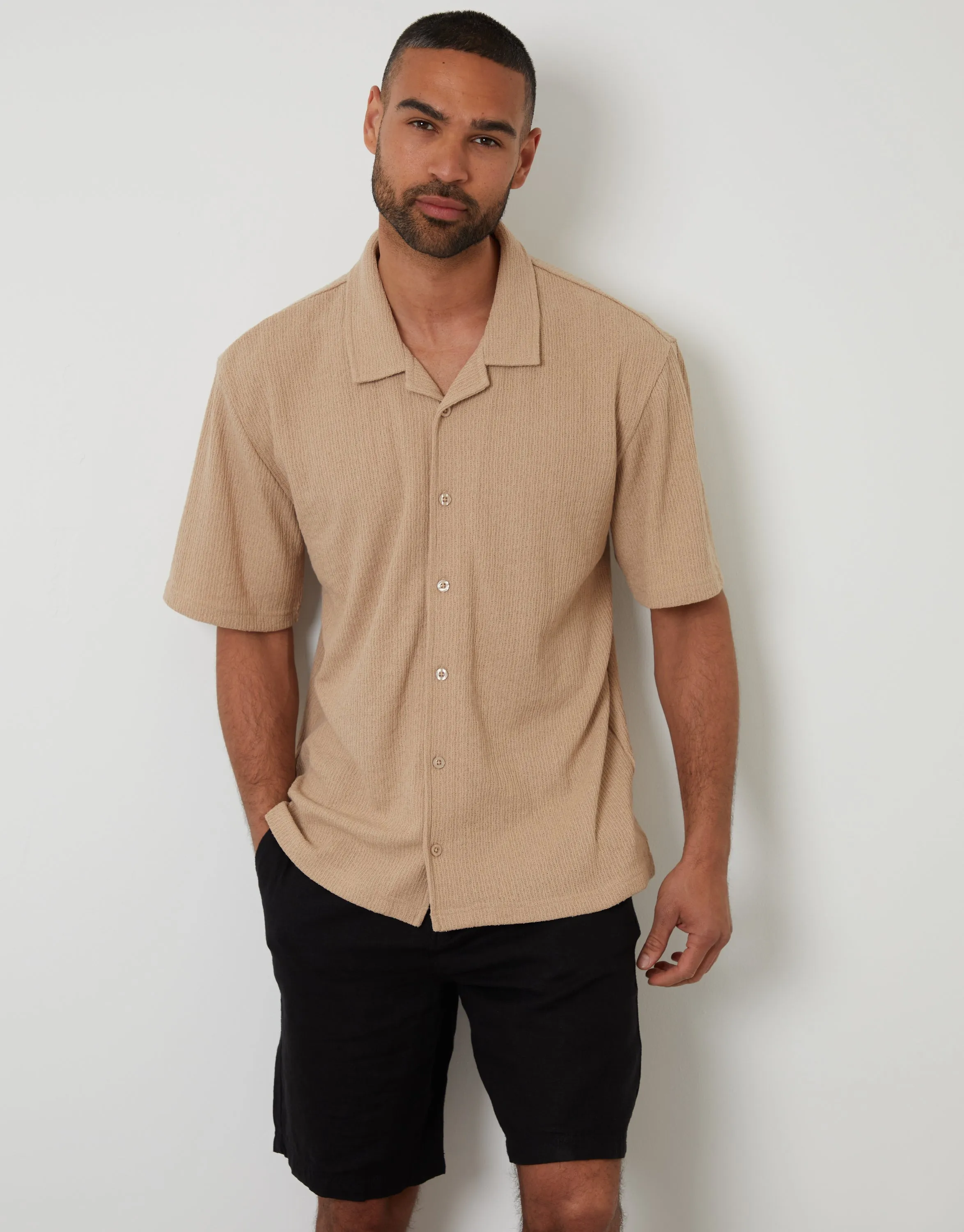 Stone Textured Cotton Mix Relaxed Fit Short Sleeve Shirt sold by Threadbare