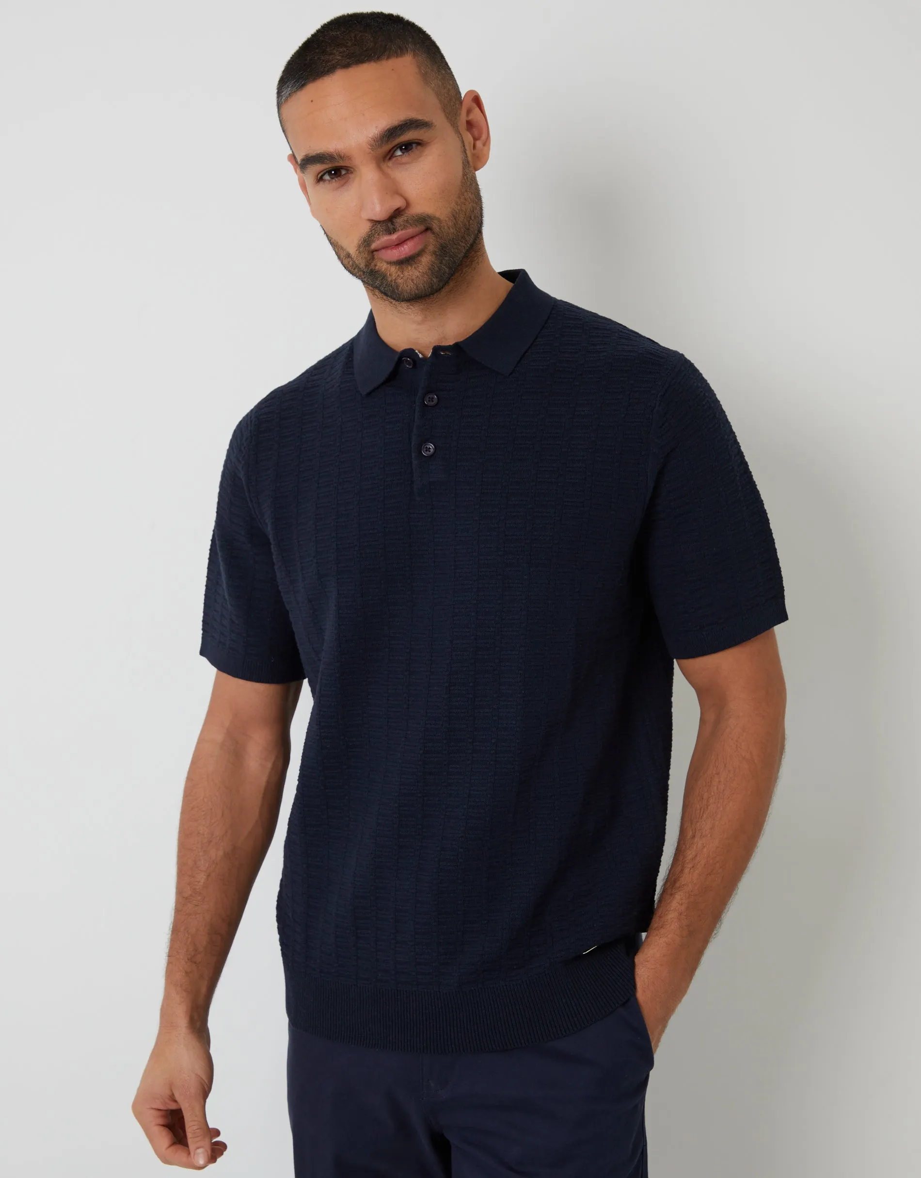 Navy Button Collar Textured Knit Polo sold by Threadbare