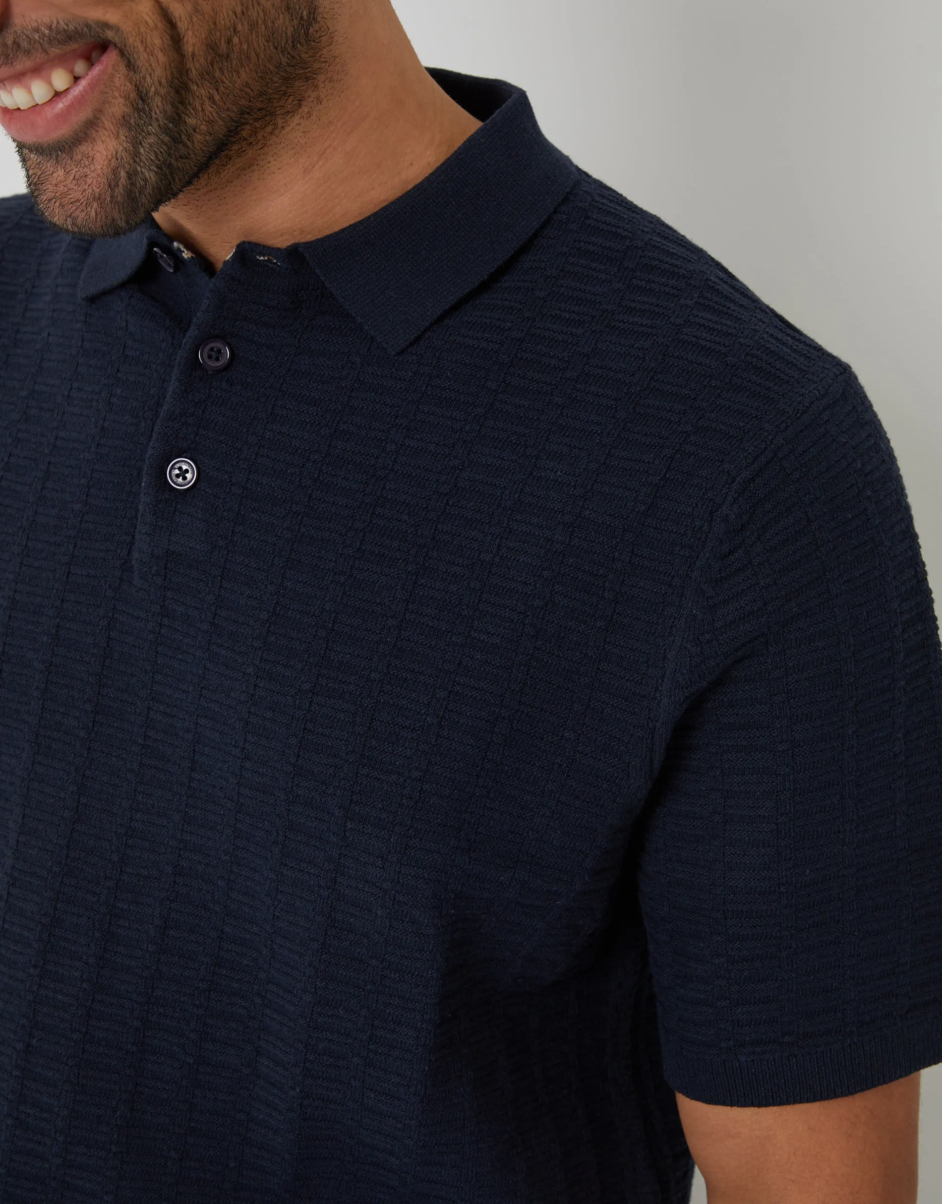 Navy Button Collar Textured Knit Polo sold by Threadbare product image thumbnail 4