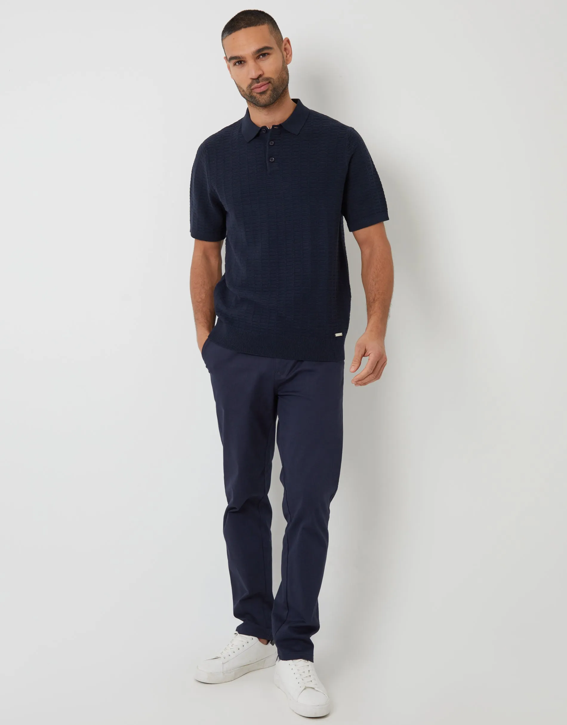 Navy Button Collar Textured Knit Polo sold by Threadbare product image thumbnail 3