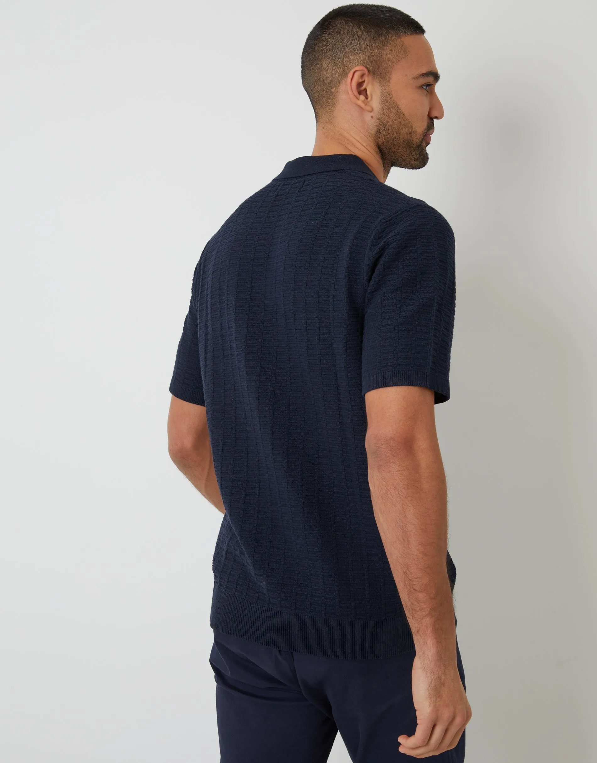 Navy Button Collar Textured Knit Polo sold by Threadbare product image thumbnail 2